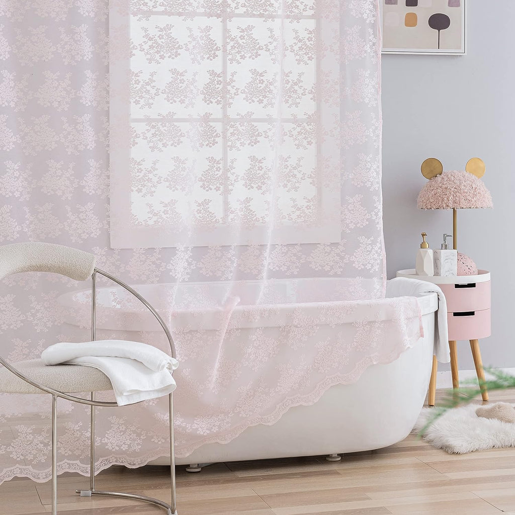 Tudeco Pink Long Shower Curtain 84 Inches Length With Attached Valance, Spring Floral Lace Shower Curtain For Bathroom Cute Girl