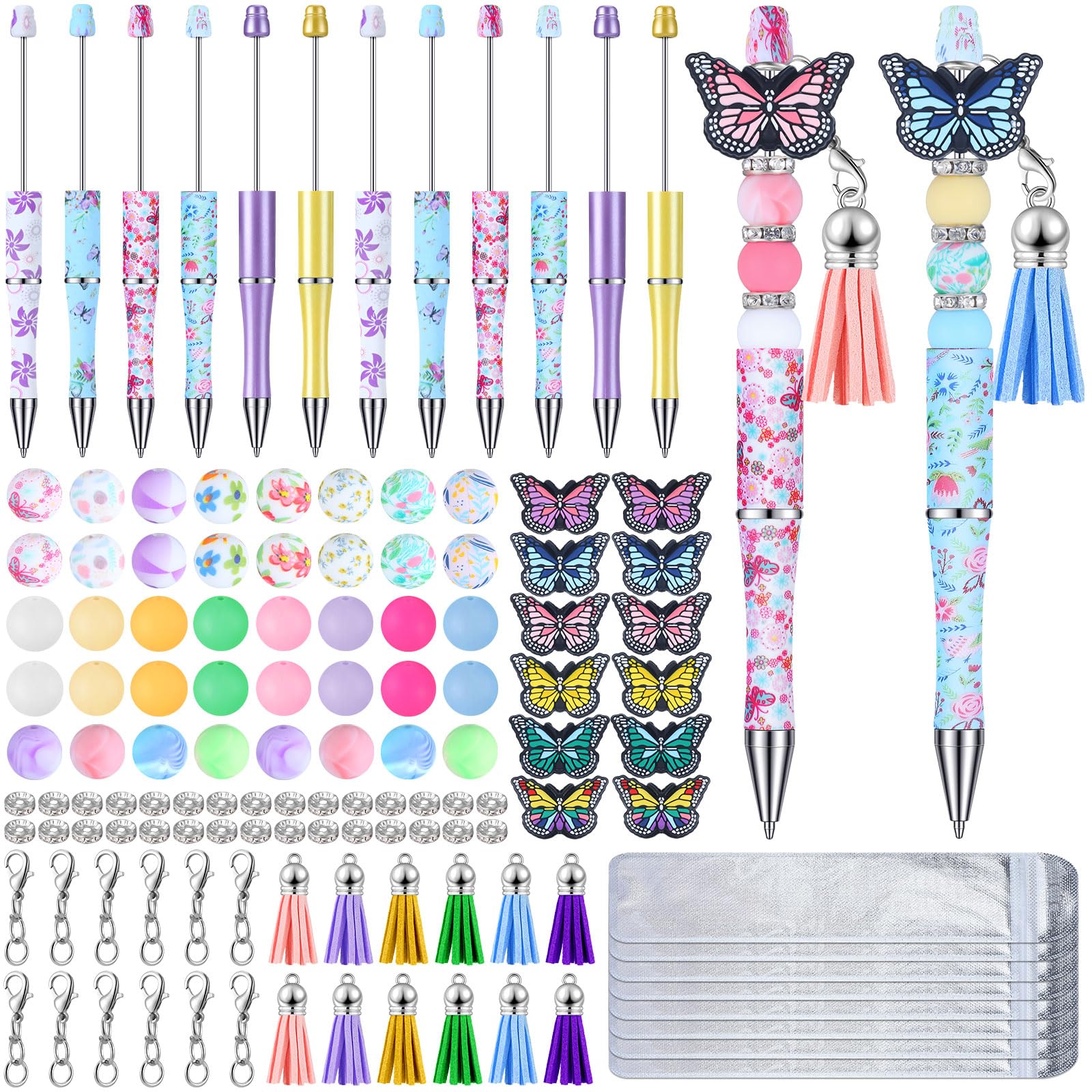 Qeeenar 12 Pcs Plastic Beadable Pens Butterfly Themed Bead Ballpoint Pen With Assorted Spacer Beads Silicone Beads Tassels Lobst