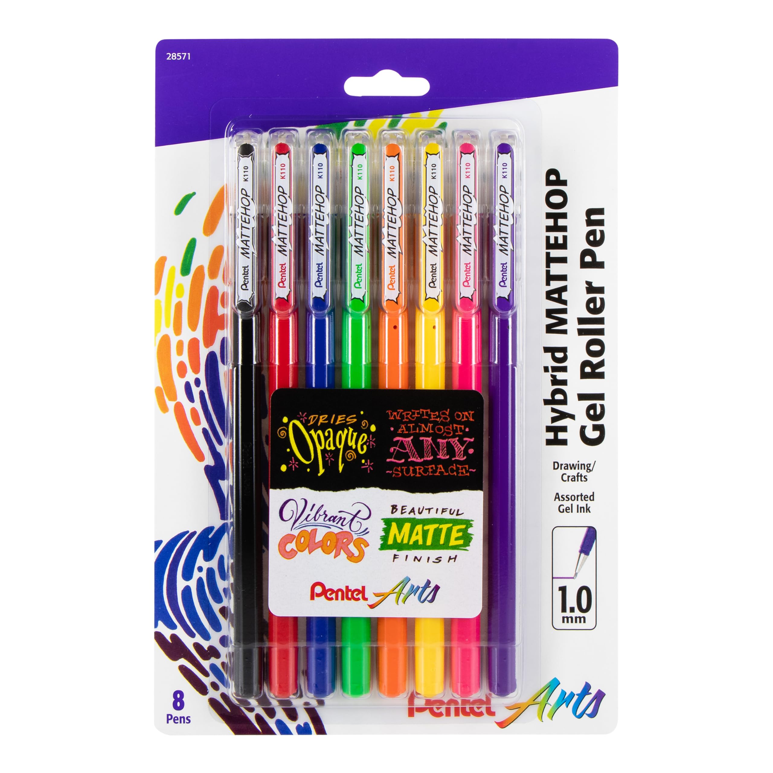 Pentel Arts Hybrid Mattehop Gel Roller, 1.0Mm, Matte Assorted Colors, Pack Of 8 Pens (K110Vbp8M)