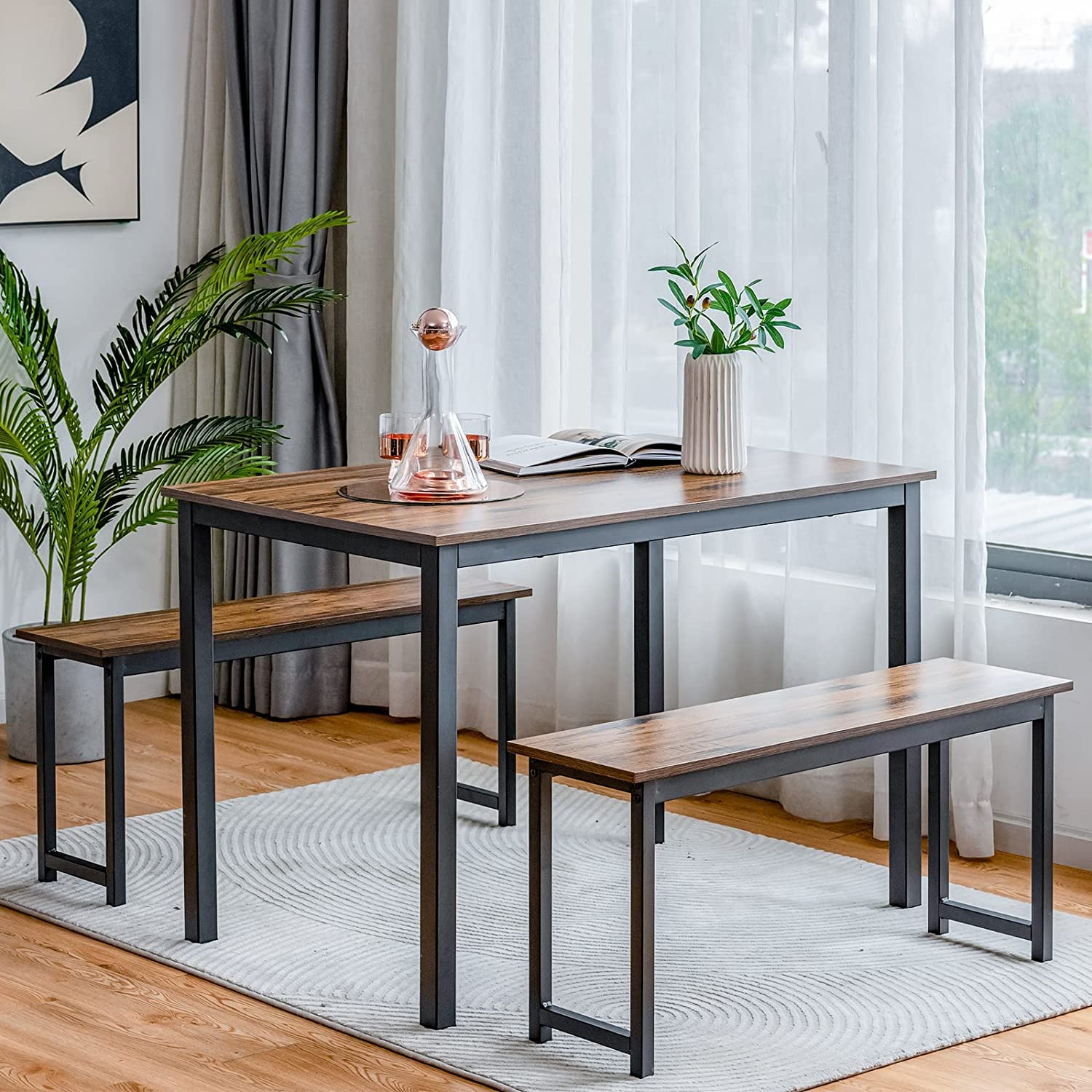 Moccha Dining Table Set For 4, 3-Piece Modern Breakfast Table Set With 2 Benches & Metal Frame, 43.5' Wood Kitchen Table Set, S