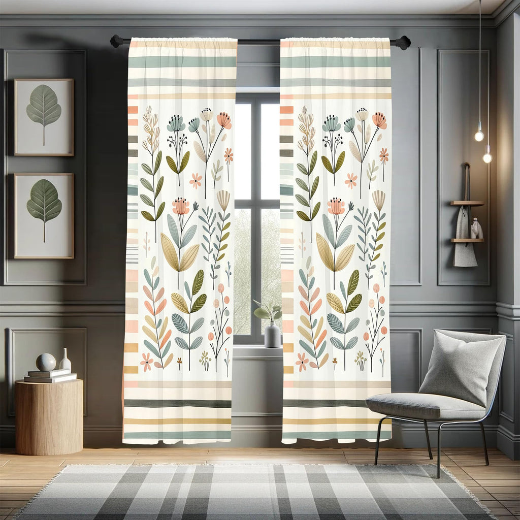 Ambesonne Leafy Art Curtains, Modern Scandi Leaves and Minimalist Flowers with Stripes Pastel Tone, Window Treatments 2 Panel Se