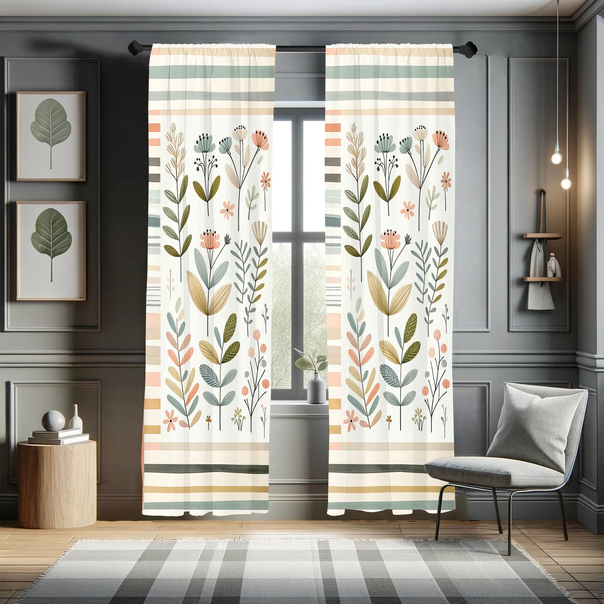 Ambesonne Leafy Art Curtains, Modern Scandi Leaves and Minimalist Flowers with Stripes Pastel Tone, Window Treatments 2 Panel Se