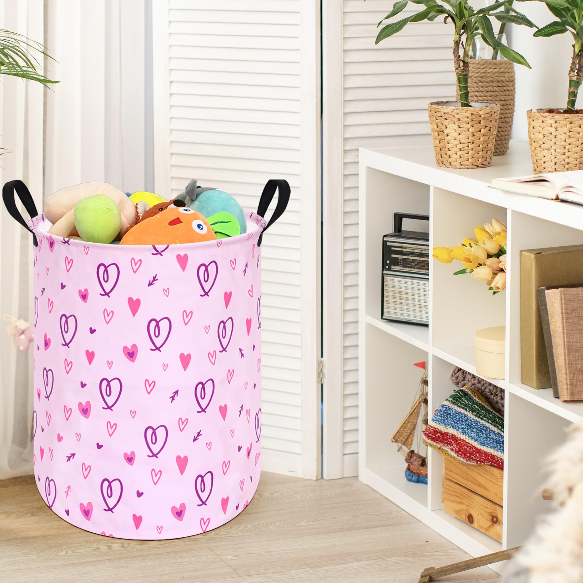 Acmuuni 19.7' Round Pink Gift Basket Laundry Hamper Girls Laundry Basket With Handles,Storage Basket For Kids Room Bedroom Deco