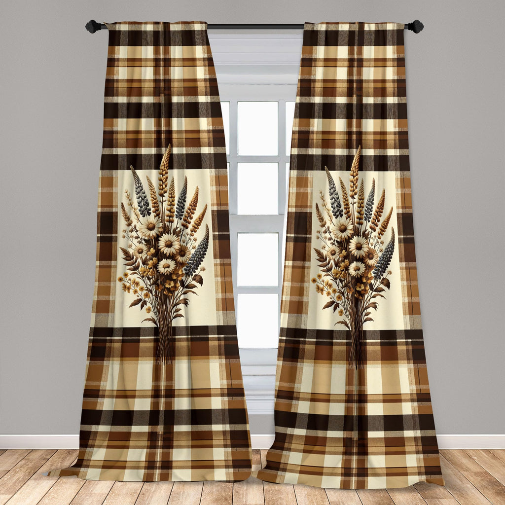 Ambesonne Autumnal Window Curtains Pack Of 2, Earthy Fall Tone Leafy Floral Bouquet Illustration With Tartan Plaid Back, Lightwe