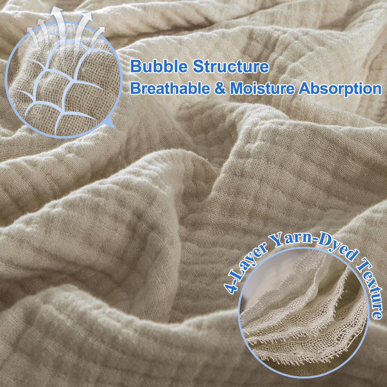 Phf 100% Cotton Muslin Throw Blanket 50' X 60', 4-Layer Lightweight And Breathable Blanket For Summer, Luxuriously Soft Gauze Throws For Couch, Natural Minimalism Style, Ideal Gift, Light Tan