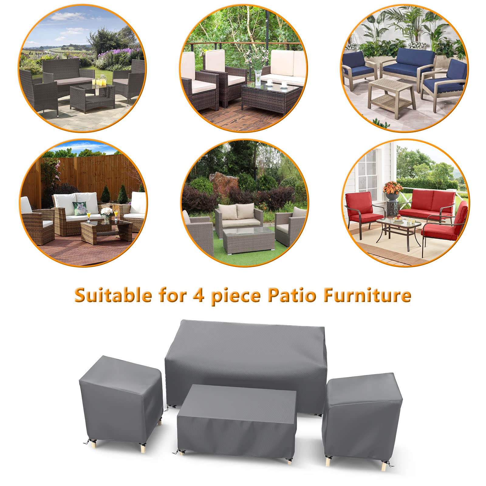 Startwo Outdoor Patio Furniture Covers Waterproof 4-Piece Set, For Chairs 33In, Loveseat 58In, Coffee Table 46In, Heavy Duty 600D, Grey