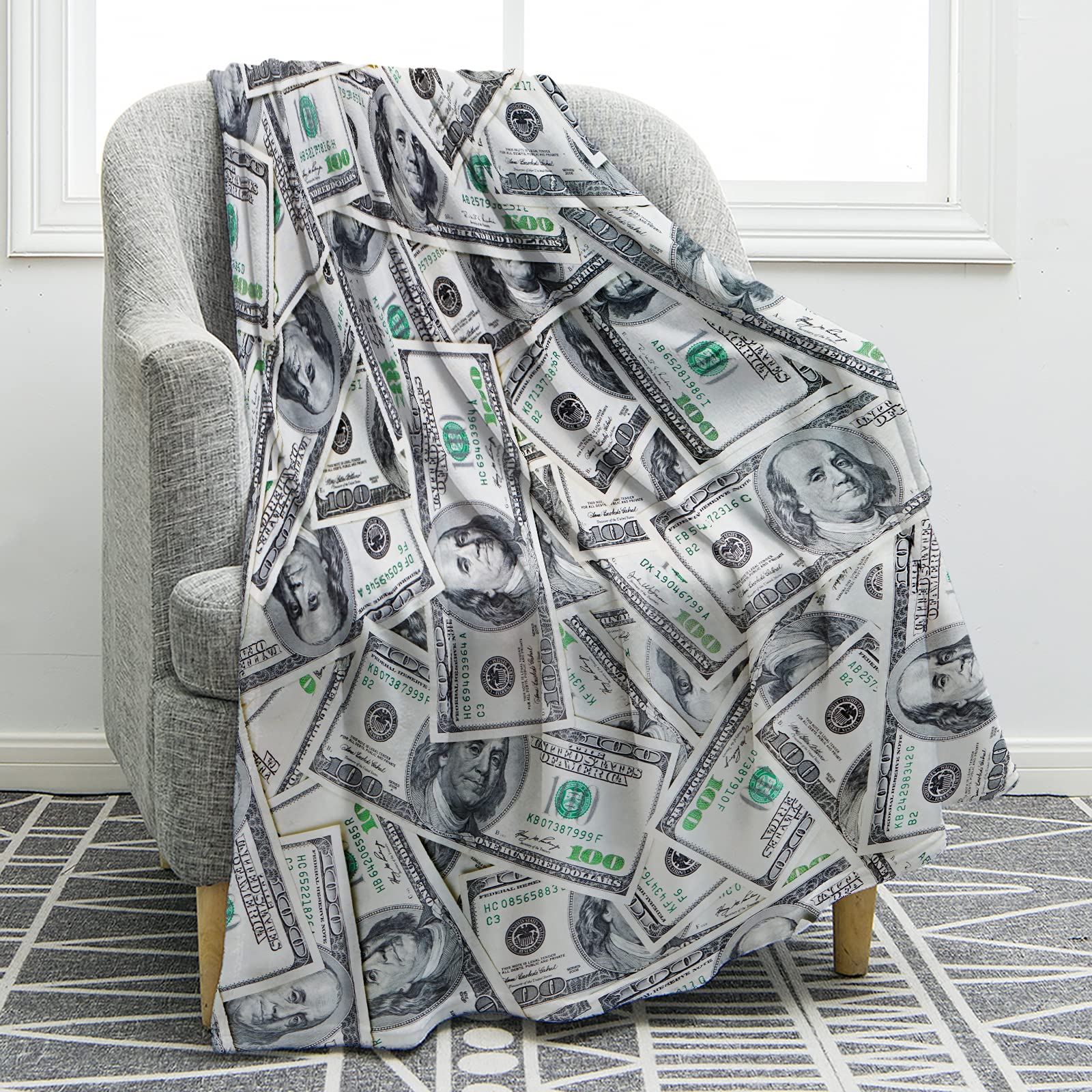 Jekeno Money Blanket 100 Dollar Bills Pattern Print Gifts for Dad Women Kids Girls Birthday Father's Day Home Bedroom Living Roo