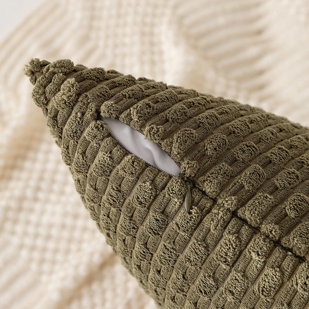 Kevin Textile Pack Of 2 Corduroy Decorative Throw Pillow Covers 18X18 Inch Soft Boho Striped Pillow Covers Modern Farmhouse Home Decor For Sofa Living Room Couch Bed Olive Green