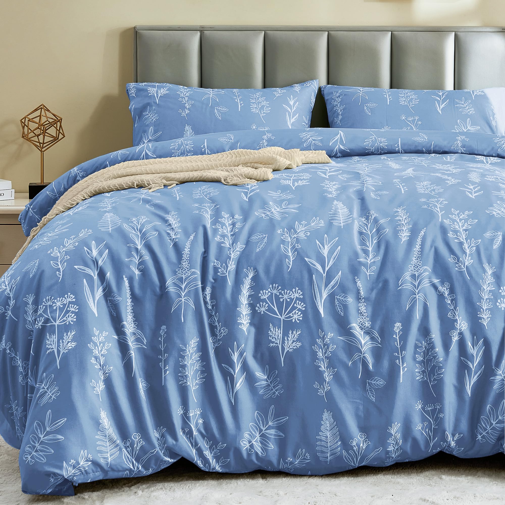Muxhomo Duvet Cover King Size, Reversible Floral Ice Blue Duvet Cover Set With Zipper Closure, 3 Pieces Botanical Patterns Soft
