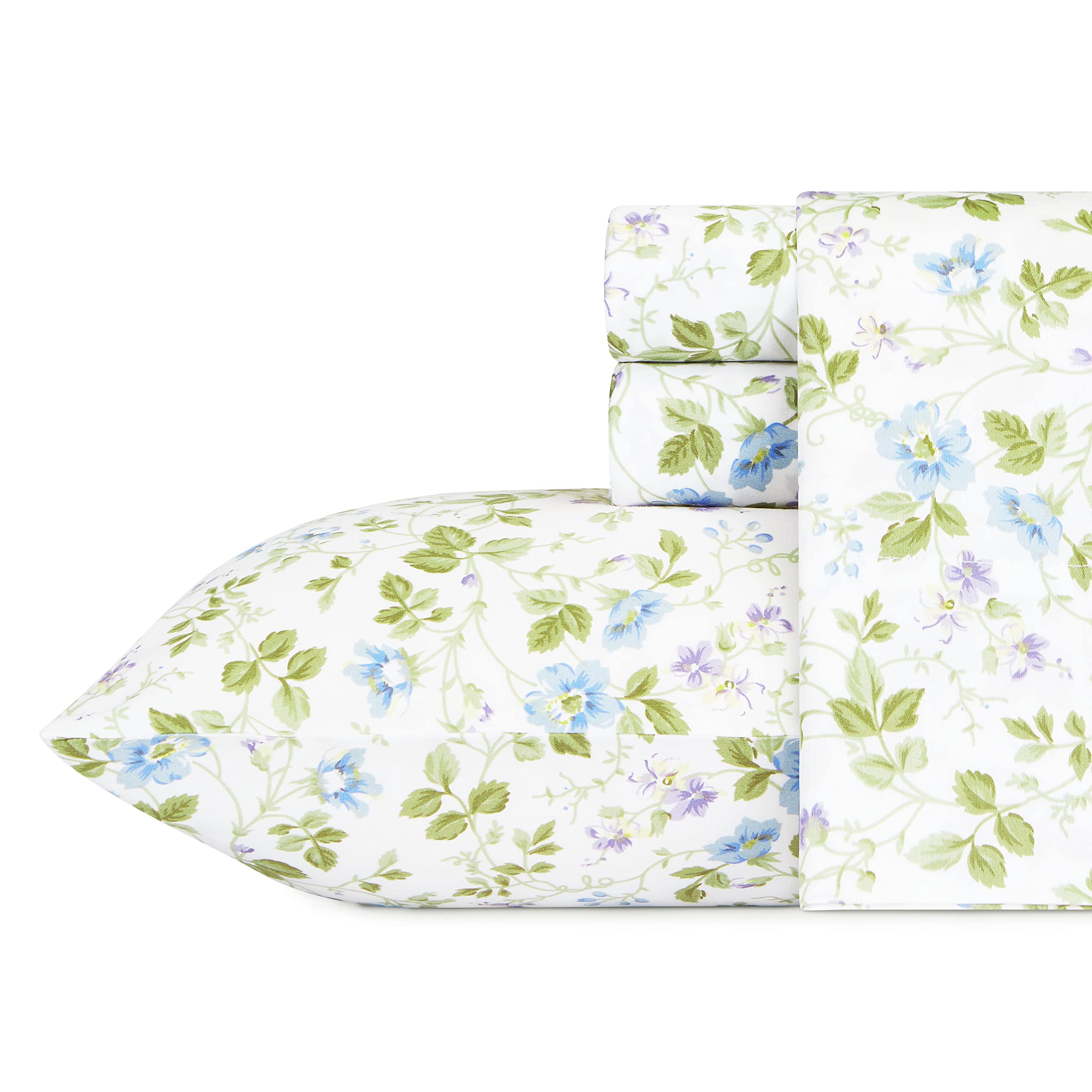 Laura Ashley - King Sheet Set, Soft Sateen Cotton Bedding Set - Sleek, Smooth, & Breathable Home Decor (Spring Bloom Wildflower,