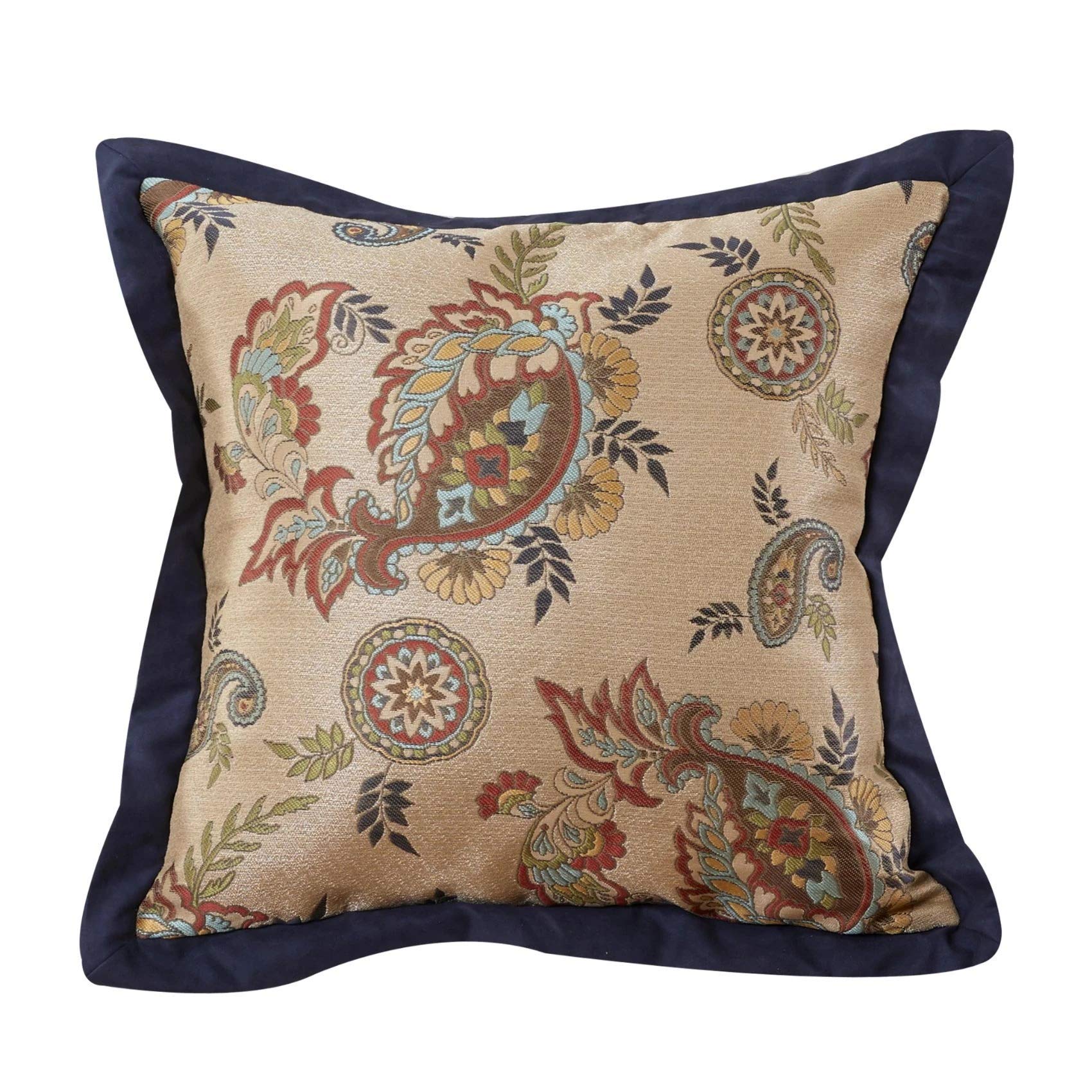 Paseo Road By Hiend Accents Tammy Western Decorative Throw Pillow, 18X18 Inch, Tan Yellow Navy Blue Red Paisley Pattern Flanged