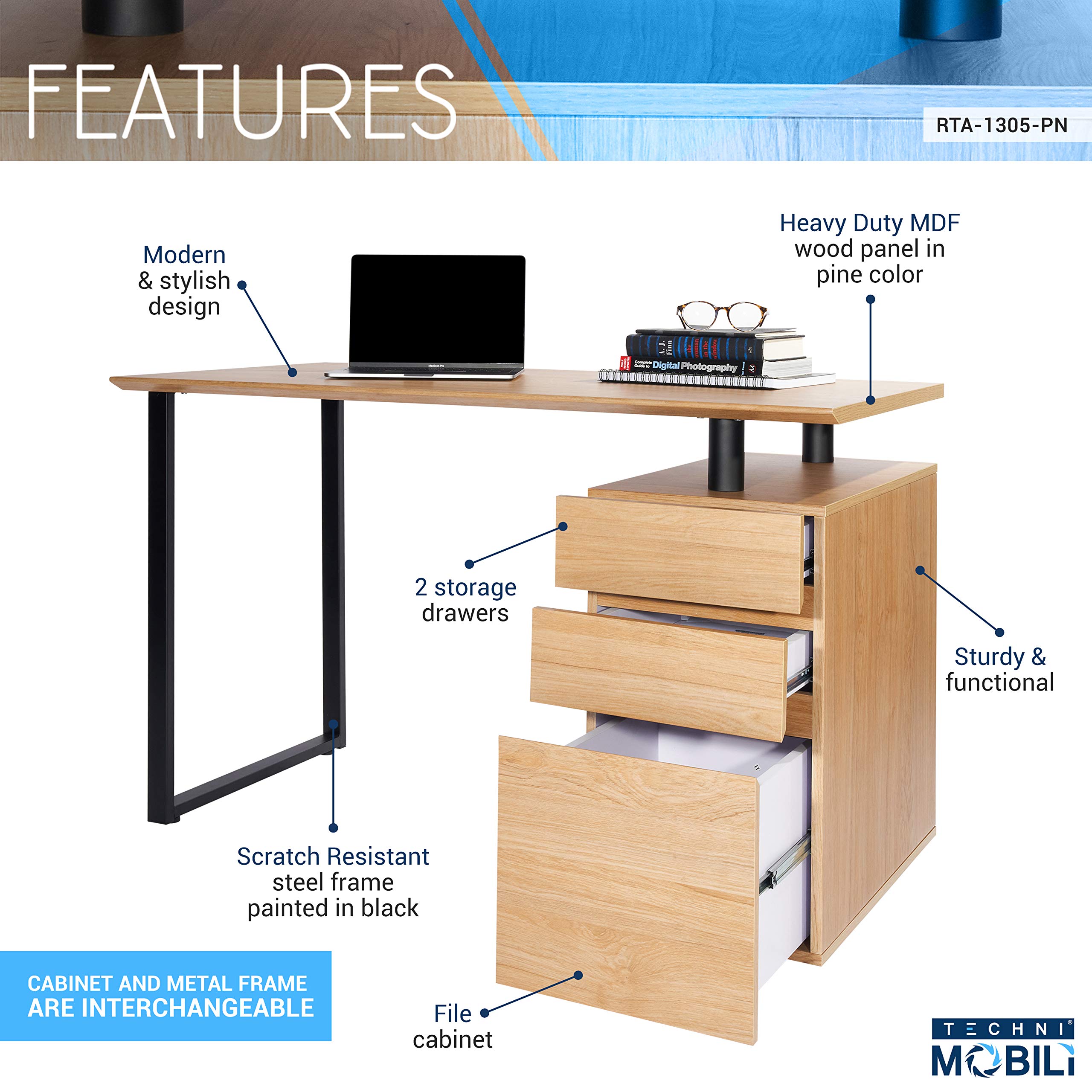 Techni Mobili Computer Desk With Storage And File Cabinet, 30&quot; X 23.6&quot; X 47&quot;, Pine