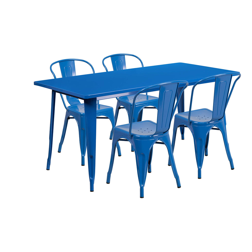 Flash Furniture Commercial Grade 31.5" x 63" Rectangular Blue Metal Indoor-Outdoor Table Set with 4 Stack Chairs