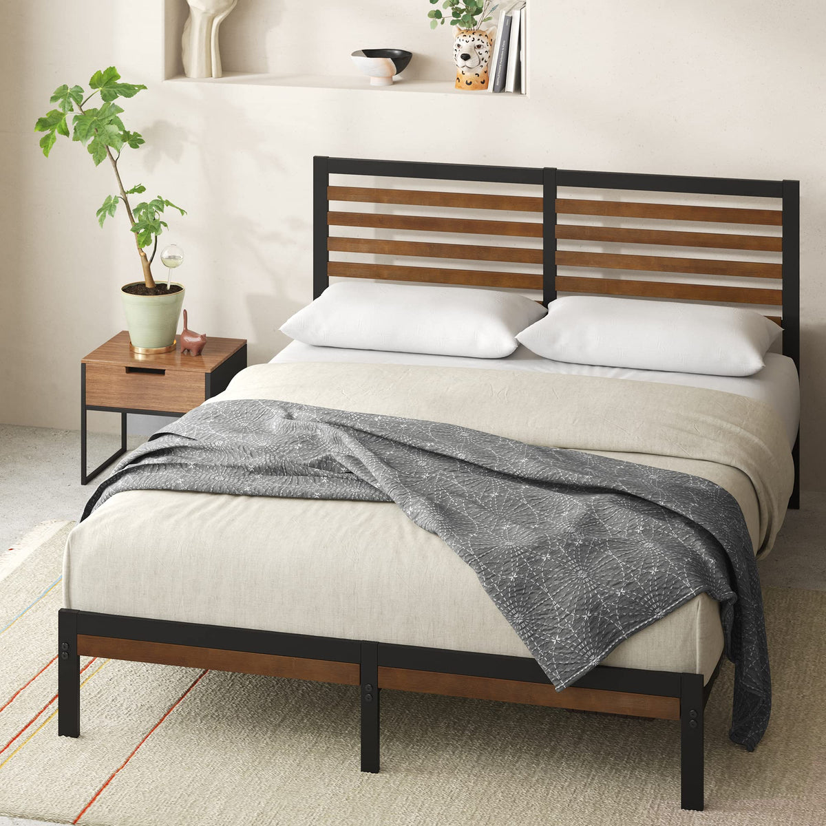 Zinus Kai Bamboo And Metal Platform Bed Frame With Headboard, No Box Spring Needed, Easy Assembly, Full, Brown