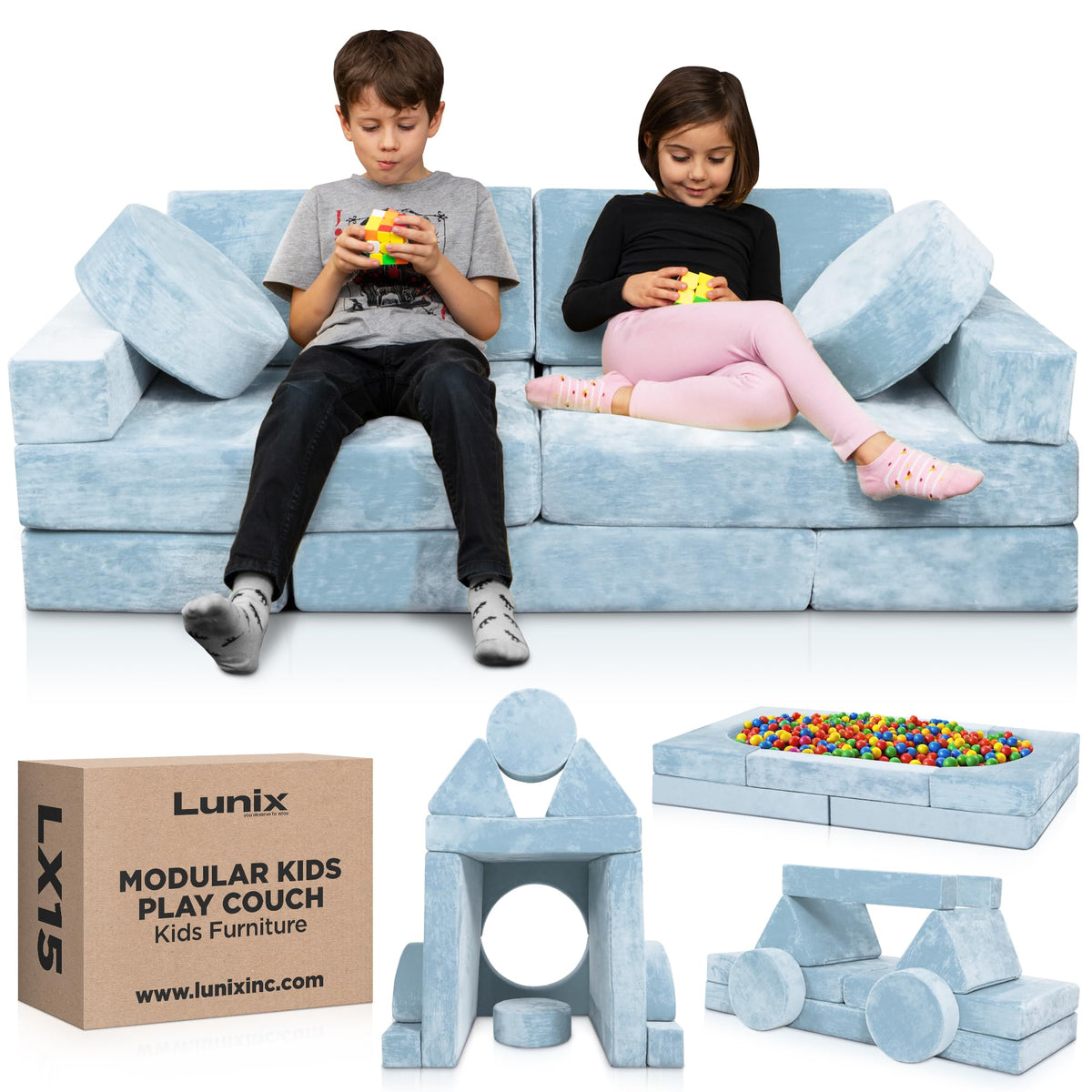Lunix Lx15 14Pcs Modular Kids Play Couch, Child Sectional Sofa, Fortplay Bedroom And Playroom Furniture For Toddlers, Convertible Foam And Floor Cushion For Boys And Girls, Blue
