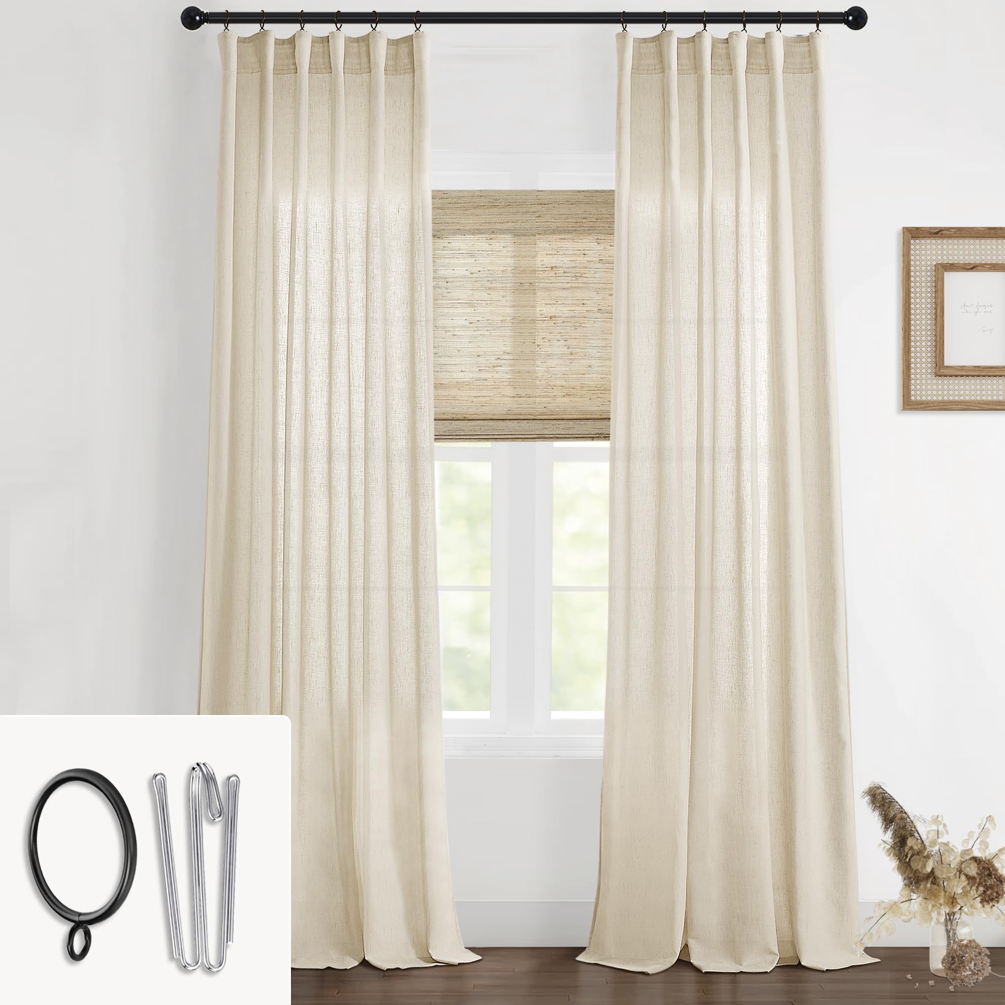 Shineland 96 Inches Long Beige Curtains 2 Panel Set,Sheer Linen French Country Burlap Textured Floor To Ceiling Length Curtains For Living Room,Cortinas Para Sala Modernas 2024 Cuarto Elegantes