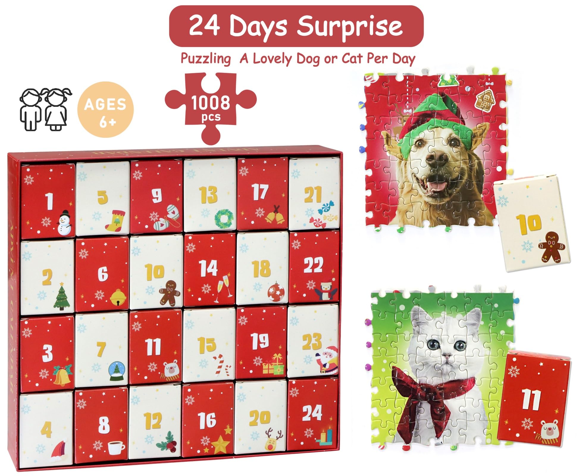 Advent Calendar 2024 Christmas Jigsaw Puzzles, Christmas Dogs & Cats Christmas Holiday Puzzle For Kids Adults 24 Boxs 1008 Piece