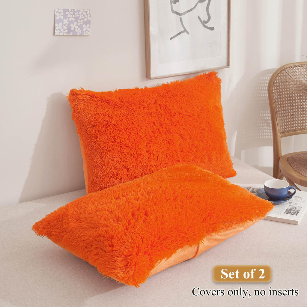Xege Faux Fur Fluffy Pillow Cases, Soft Plush Shaggy Furry Orange Pillowcases, Velvet Fuzzy Decorative Throw Pillow Covers For Bed Couch, Zipper Closure, Set Of 2(Standard Size, Orange)