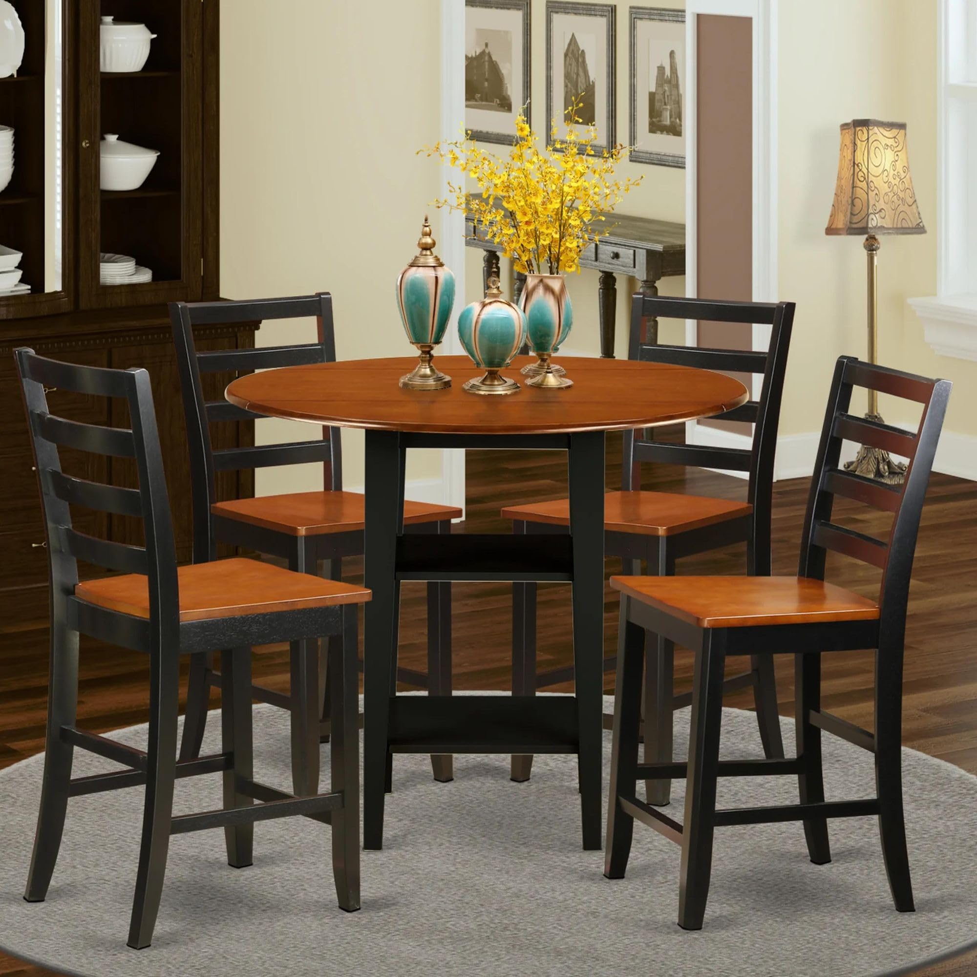 East West Furniture SUFA5H-BCH-W 5 Piece Kitchen Counter Height Dining Table Set Includes a Round Wooden Table with Dropleaf & Shelves and 4 Dining Chairs, 42x42 Inch, Black & Cherry