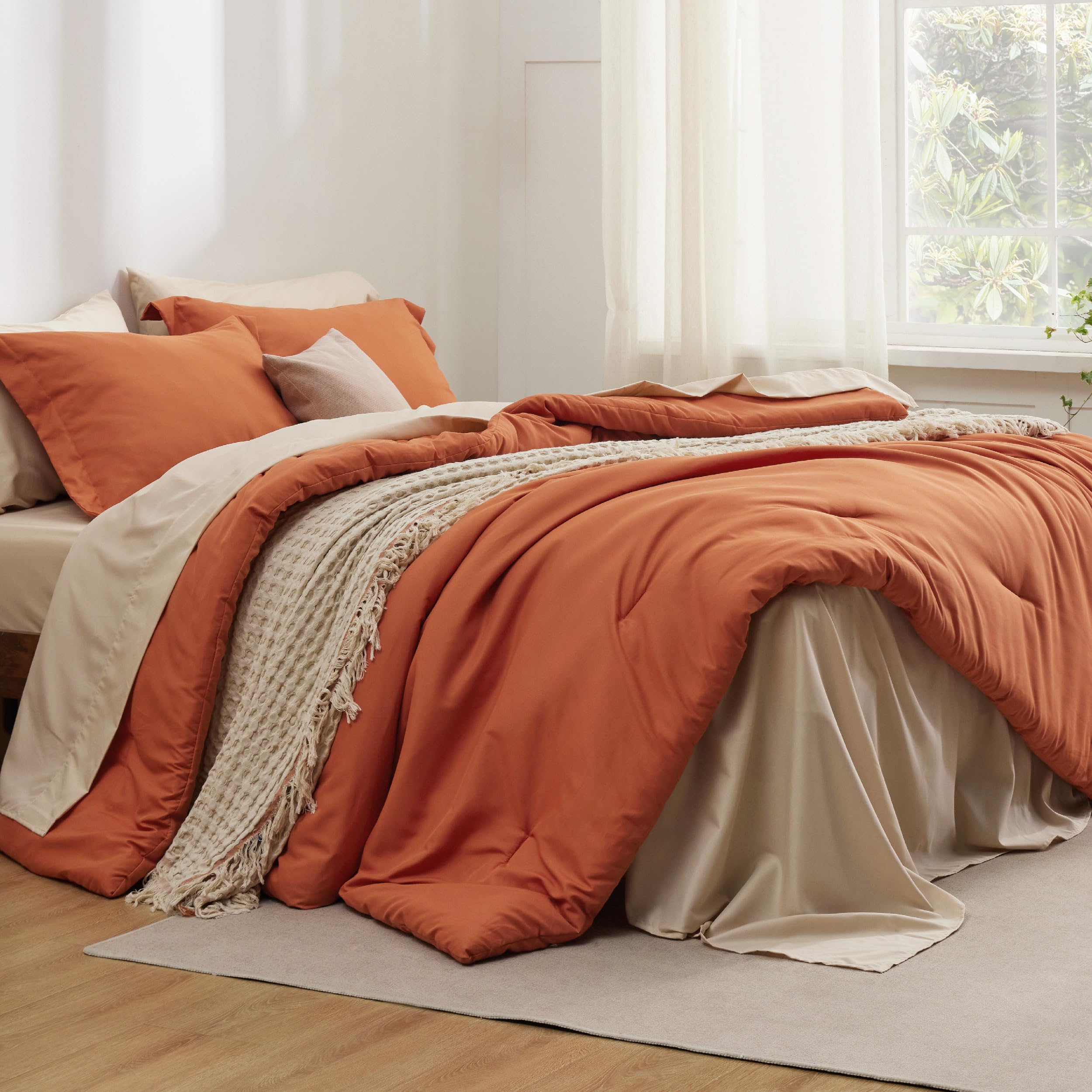 Bedsure Twin Comforter Set - 5 Pieces Burnt Orange Twin Bedding Set For All Seasons, Boho Contrasting Design Bed In A Bag With Comforter, Sheets, Pillowcase & Sham