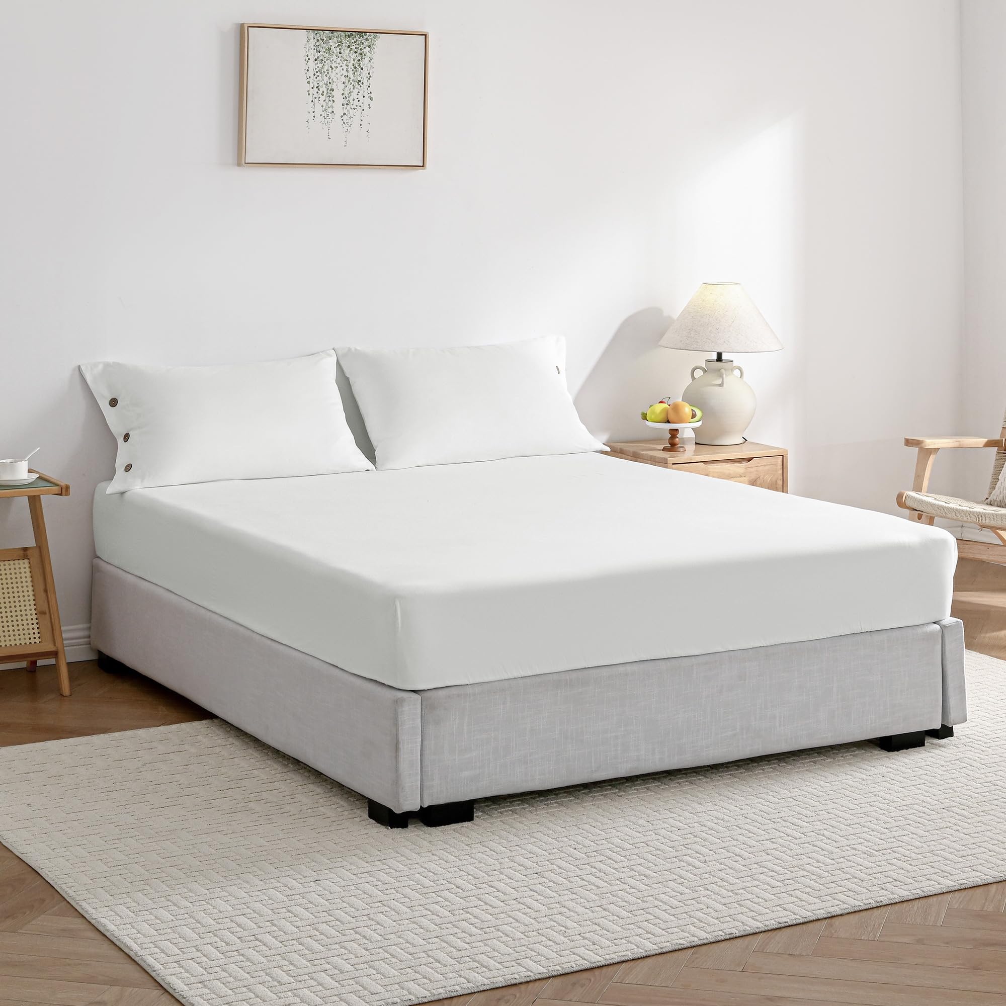 Jellymoni Fitted Sheet Queen Cotton Cream White 1Pc Easy-Fit 16 Inch Deep Pocket Sheet Bedding Sheet Solid 100% Washed Cotton So