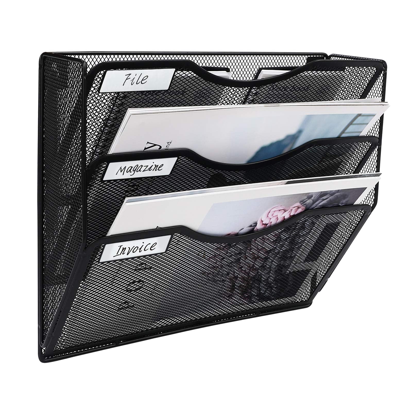 Easypag 3 Pockets Mesh Hanging Wall File Holder Organizer Wall Mounted Paper Magazine Rack,Black