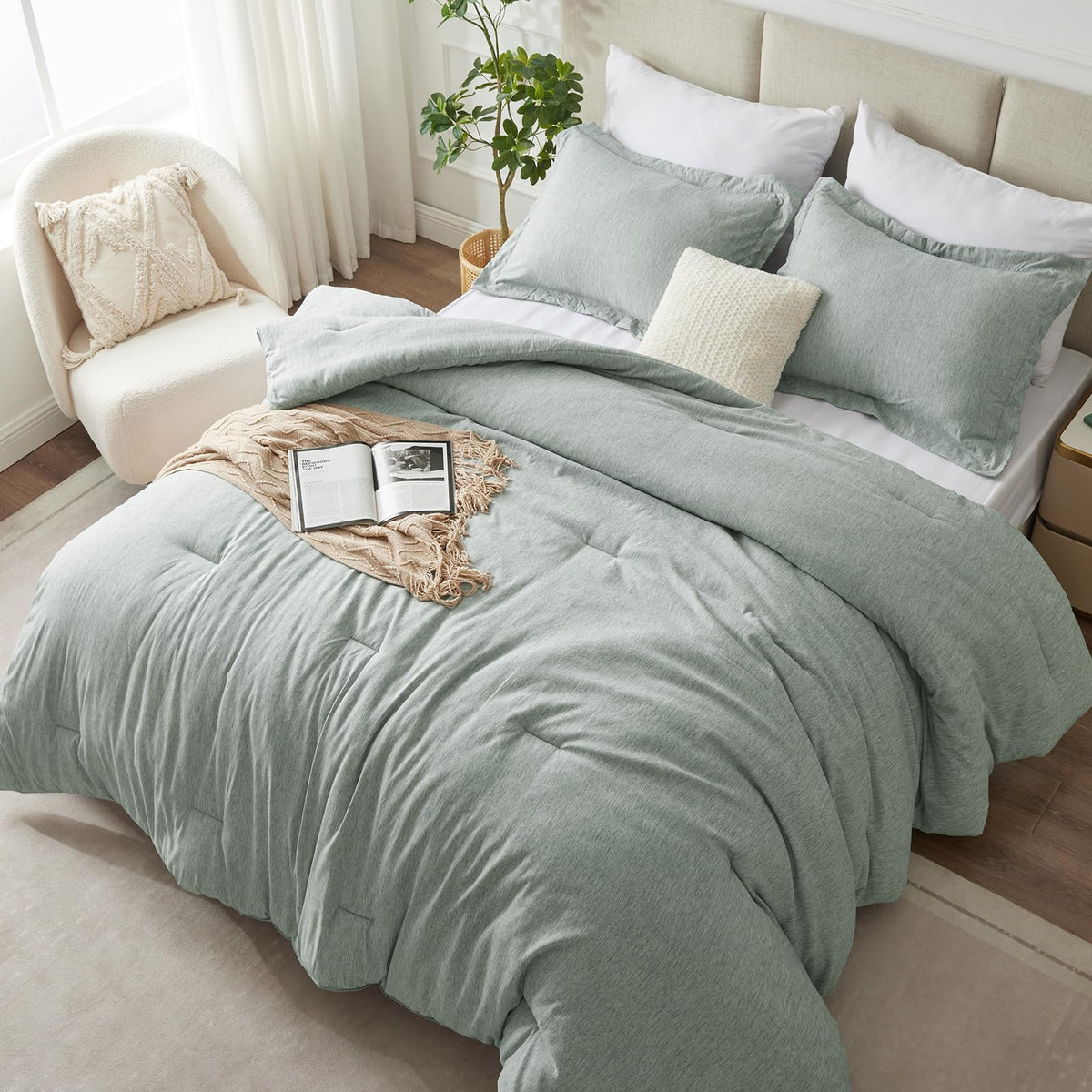 Cozylux Twin/Twin Xl Comforter Set Dorm Bedding - 2 Pieces Sage Green Twin Extra Long Soft Luxury Cationic Dyeing Comforter For College, Breathable Boho Bed Sets With 1 Comforter And 1 Pillow Sham