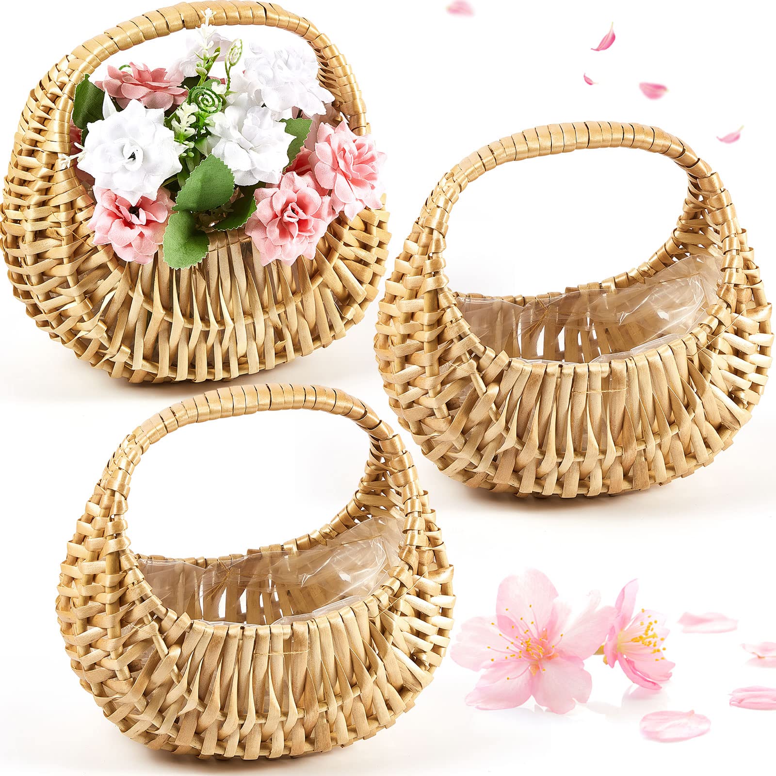 Rattan Basket Half Moon Wicker Basket Willow Straw Basket Small Woven Basket With Handle Wedding Flower Girl Baskets Sturdy Picn