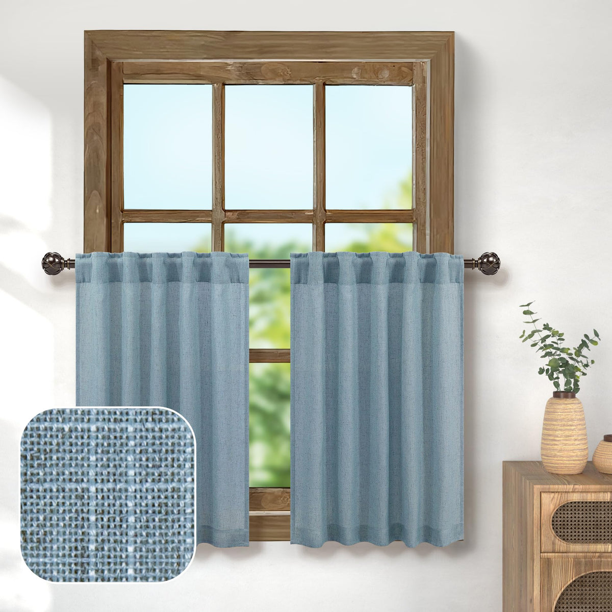 Pitalk 30 Inch Length Curtains Tiers For Bathroom Back Tab Pocket Cafe Short Semi Sheer Light Blue Valance Curtain For Bedroom S