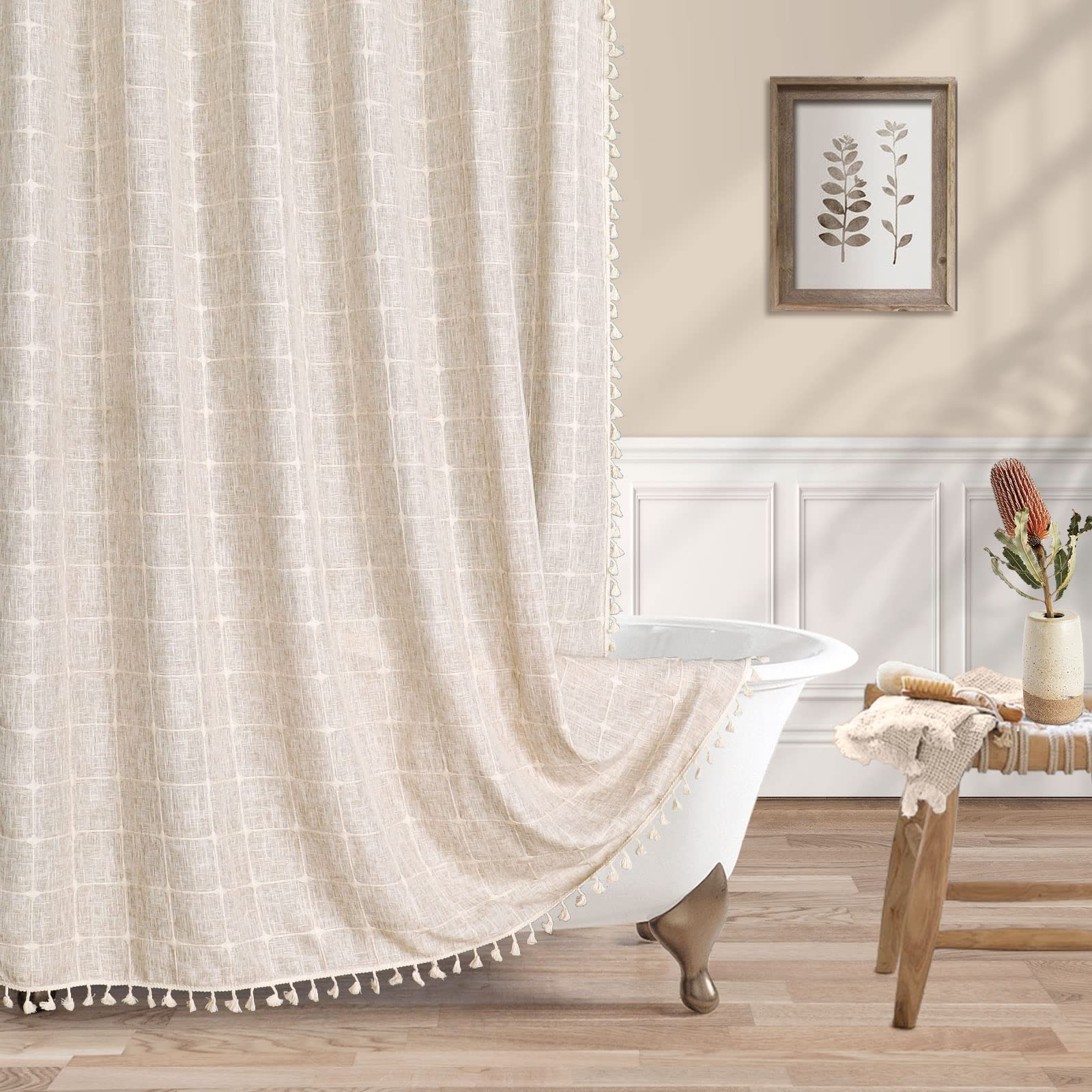 MitoVilla Boho Extra Long Shower Curtain 72 x 84, Modern Farmhouse 84 inch XL Rustic Cotton Linen Tassel Heavy Duty Shower Curta