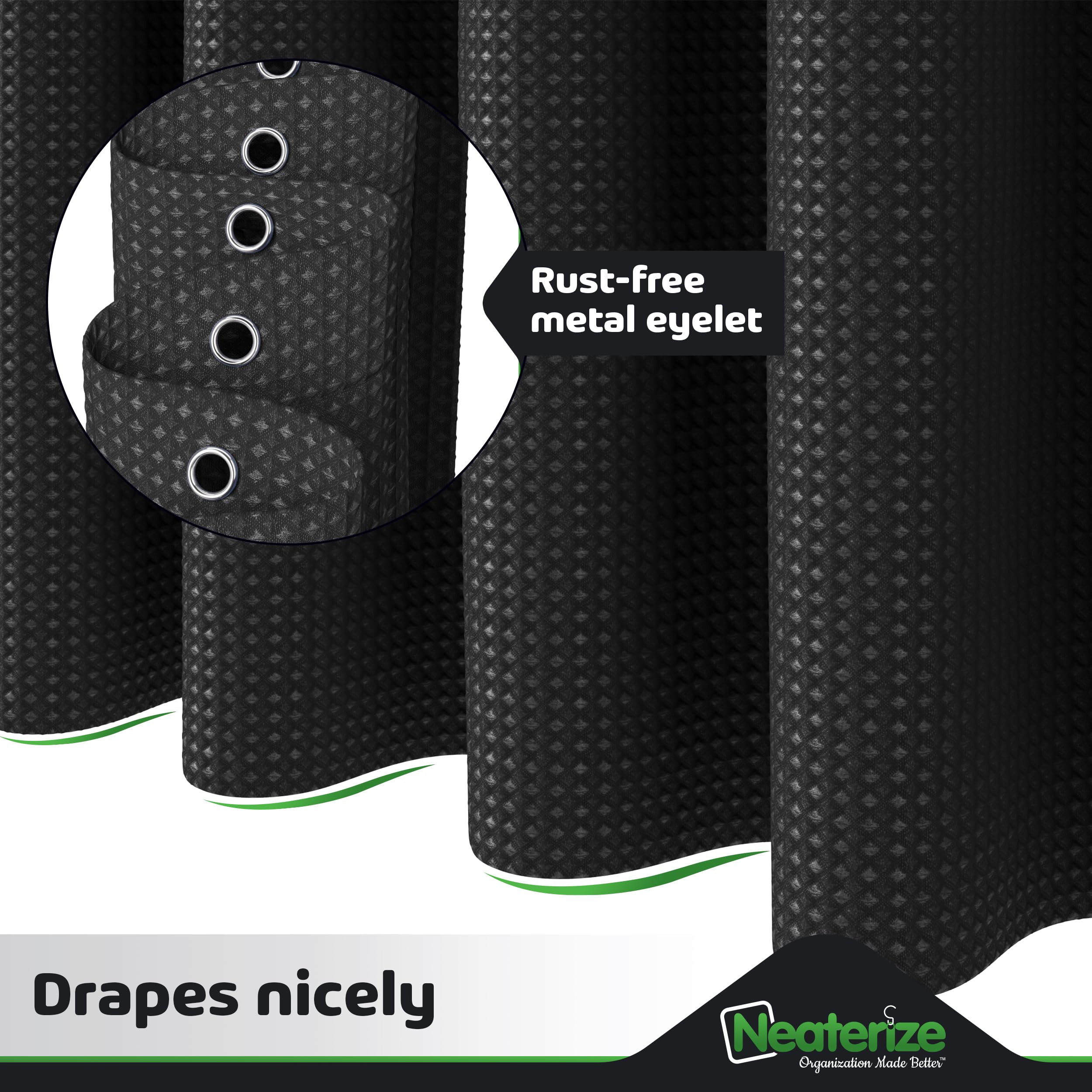 Neaterize Shower Curtain Black - Hotel Style Black Shower Curtains For Bathroom With Waffle Design, 72X72 Inches - Fabric Shower