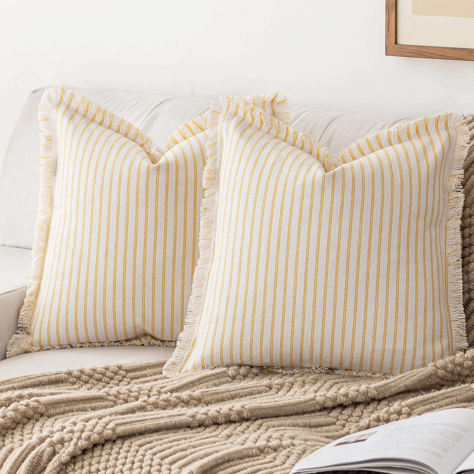 YEENAASY Striped Farmhouse Throw Pillow Covers 16X16 Set of 2 Boho Pillow Cover with Fringe Tassel Chic Cotton Decorative Pillow