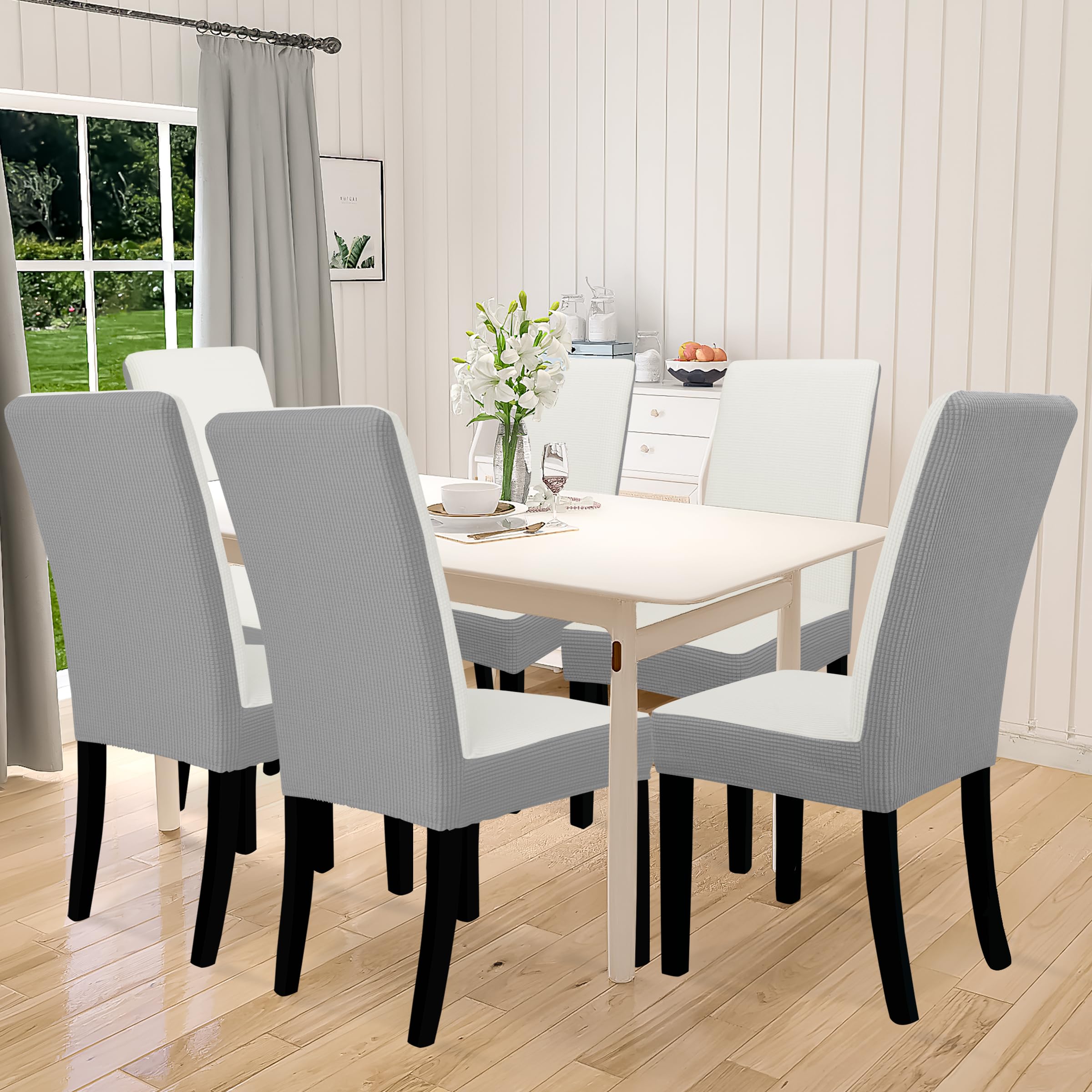 Easy-Going 100% Waterproof Dining Room Chair Cover Set Of 6, Stretch Jacquard Parson Chair Slipcover Removable Washable Chair Protector For Home, Restaurant, Banquet (Xlarge, Cream/Light Gray)