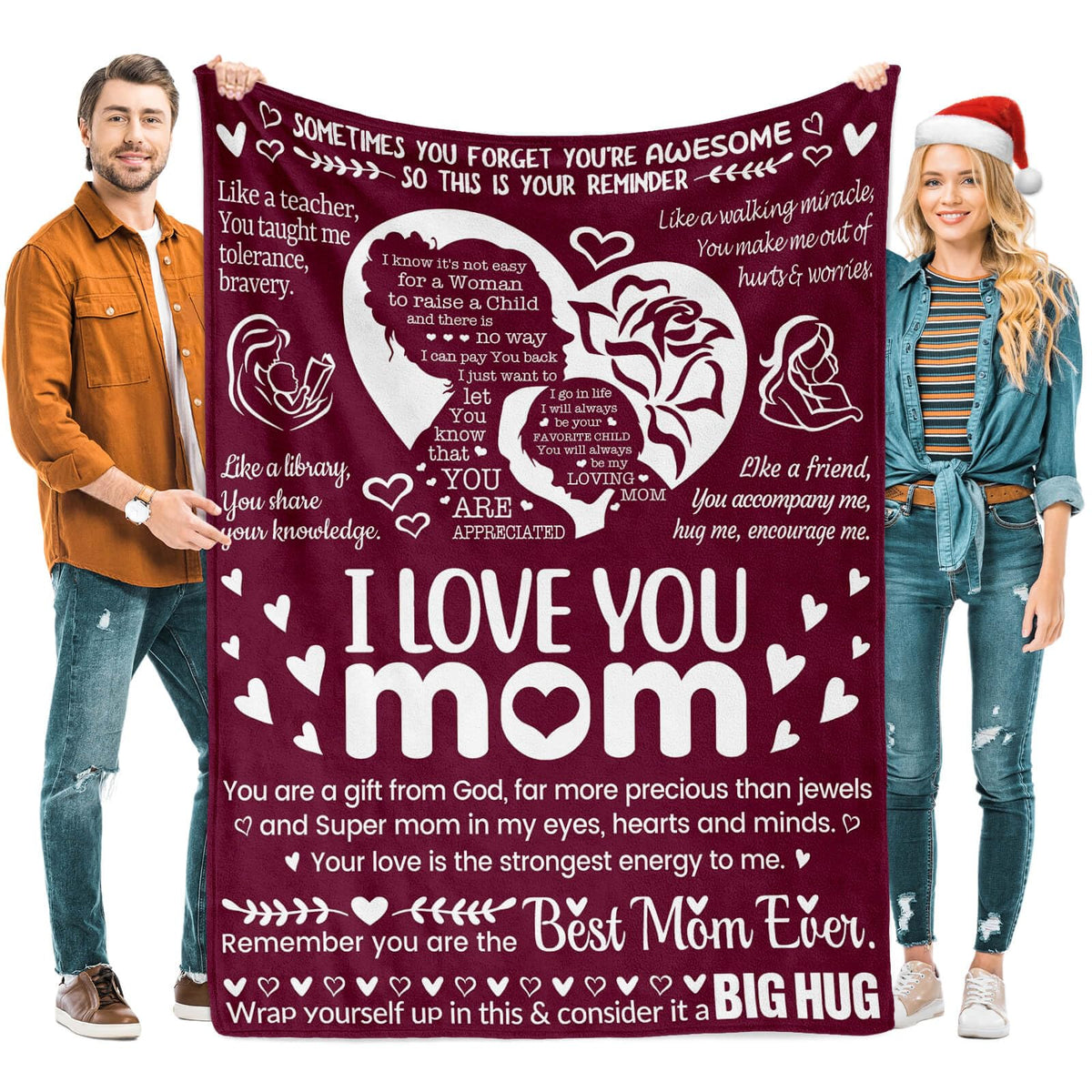 Mothers Day Blanket Gifts For Mom,I Love You,Mom Blanket, Warm Soft Blankets For Dear Mom, Gifts For Mom Birthday50 X 70' (Burg