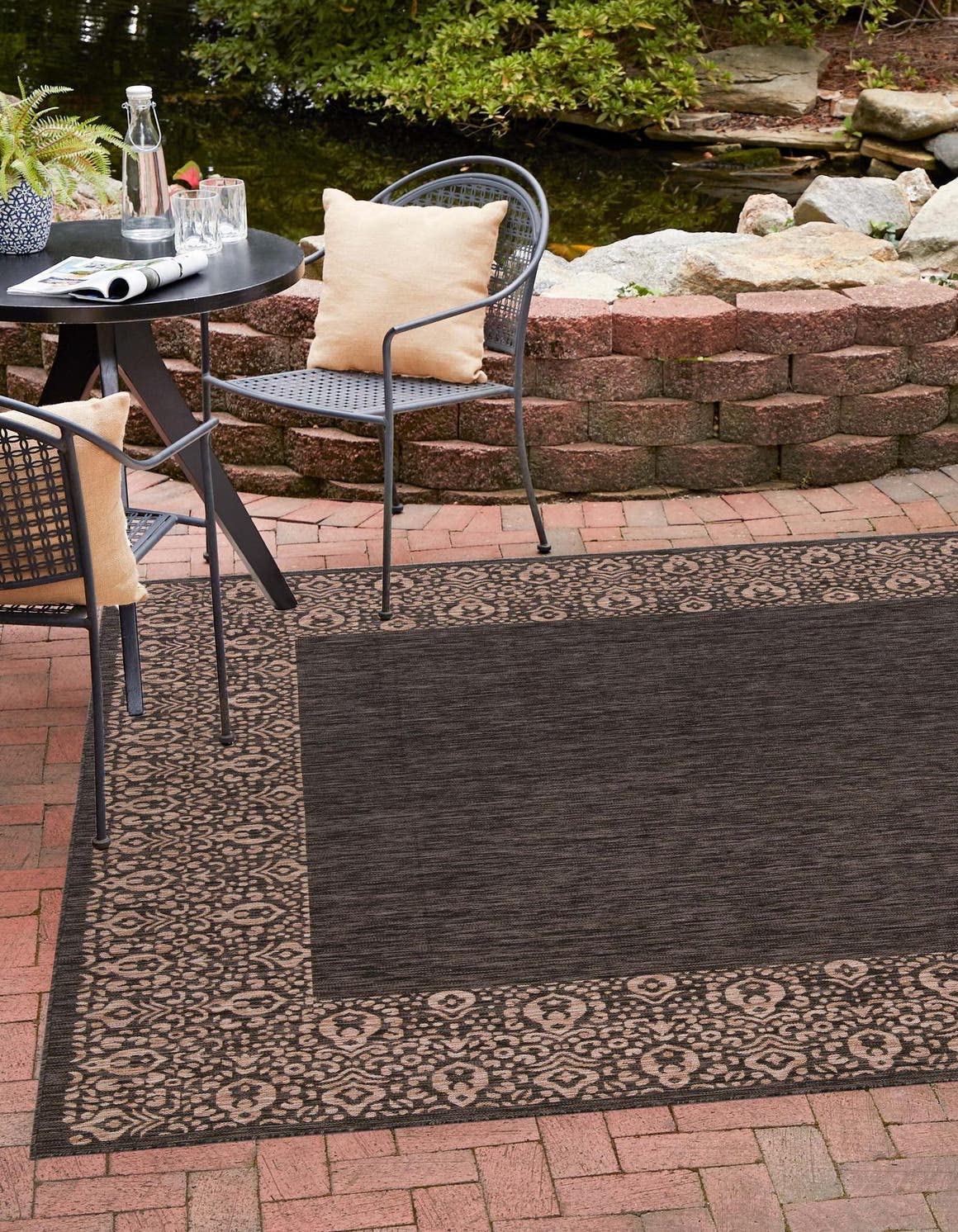 Unique Loom Outdoor Border Collection Area Rug - Floral Border (13' Square, Charcoal Gray/ Beige)