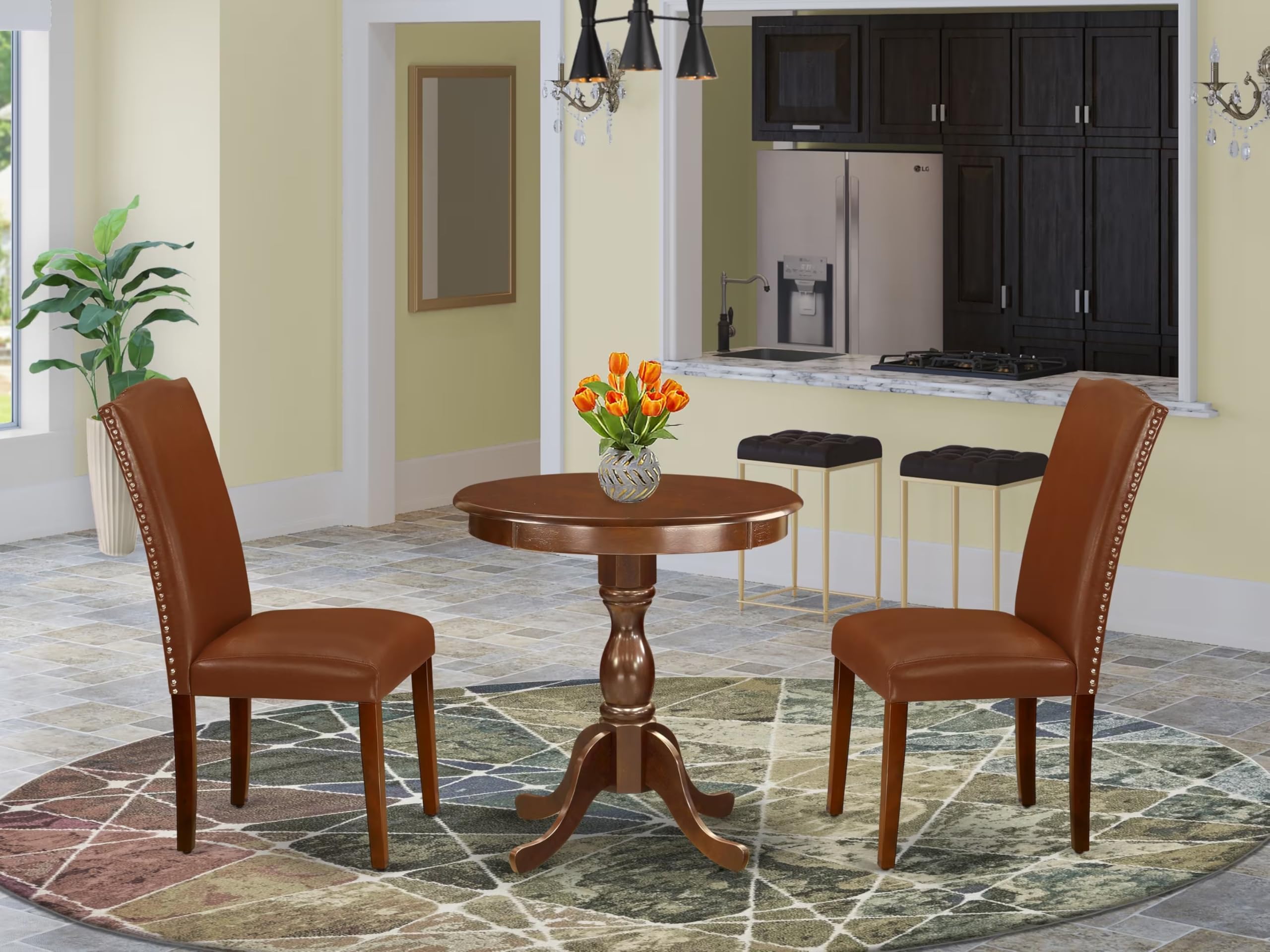 East West Furniture Esen3-Mah-66 3 Piece Kitchen Table Set Contains A Round Dining Table And 2 Brown Faux Faux Leather Upholstered Chairs, 30X30 Inch, Mahogany