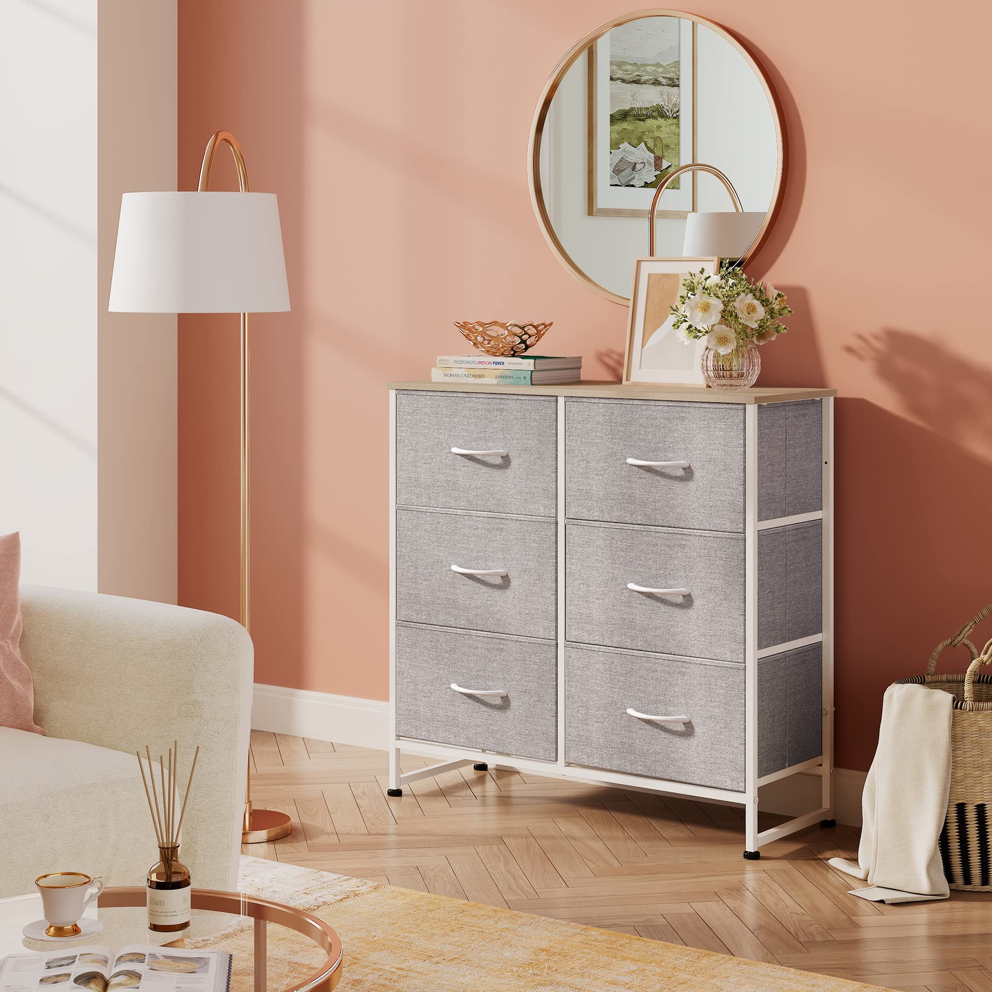 Wlive Fabric Dresser For Bedroom, 6 Drawer Double Dresser, Storage Tower With Fabric Bins, Chest Of Drawers For Kid'S Room, Closet, Playroom, Nursery, Dormitory, Light Grey