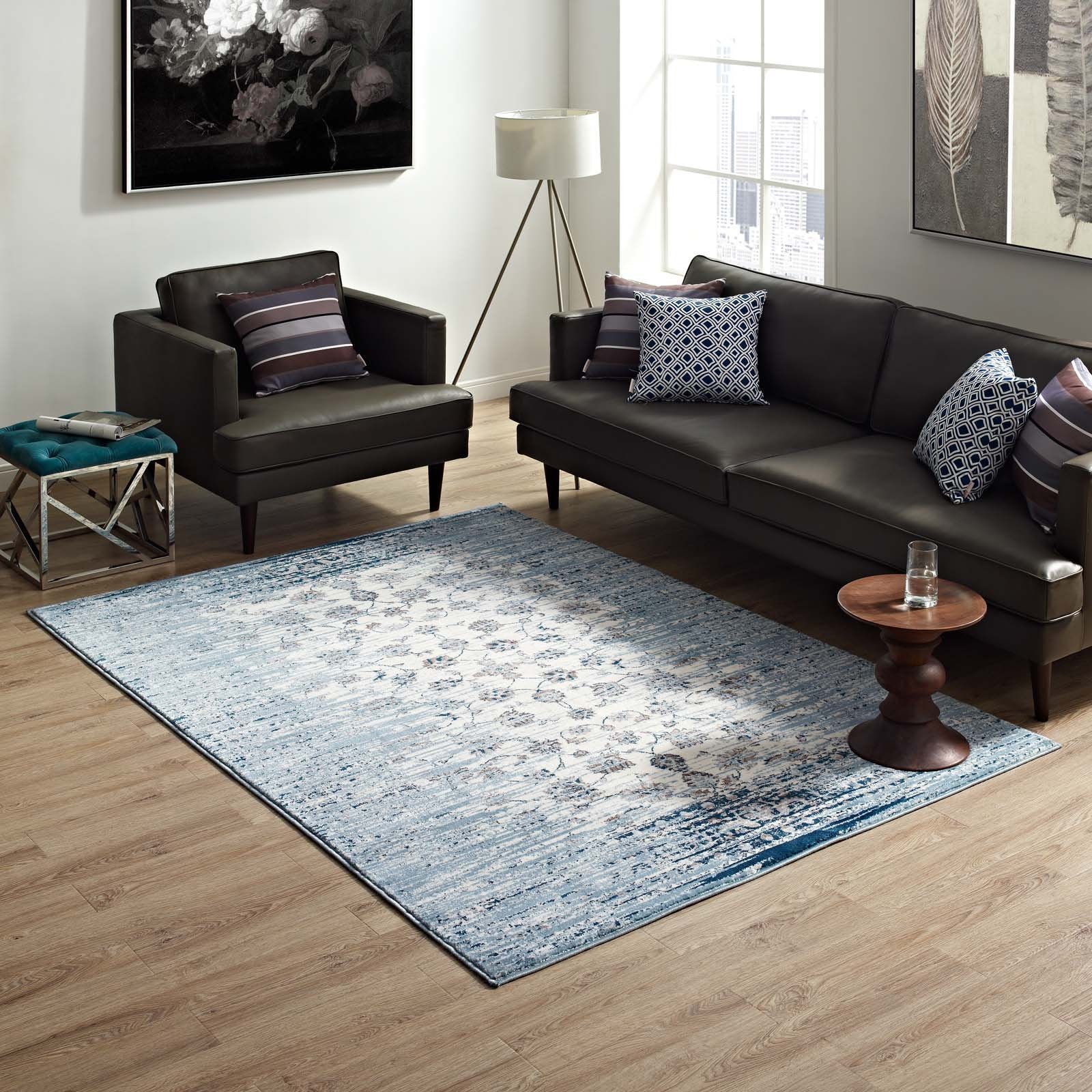 Modway Chiara Distressed Floral Lattice Contemporary 5X8 Area Rug In Moroccan Blue And Ivory