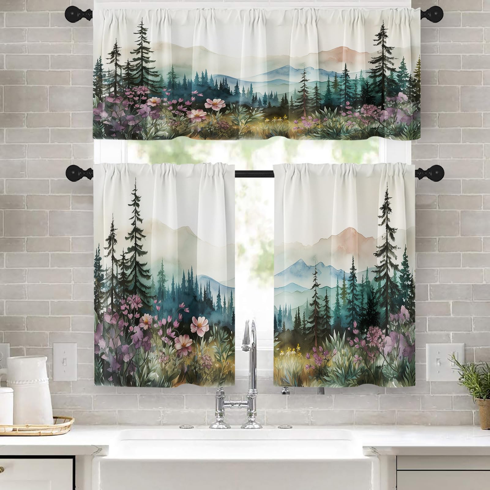 Tayney Floral Kitchen Curtains Watercolor Window Curtains Valance And Tier Set 36 Inch, Forest Mountains Trees Rod Pocket Short