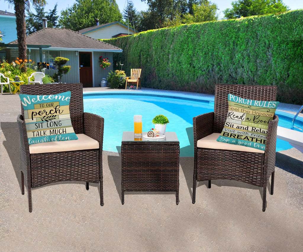 Jartinle Turquoise Striped Outdoor Pillows Covers 18X18 For Patio Furniture Waterproof, Welcome To Our Porch Throw Pillow Covers Square Linen For Couch Outside Bench Set Of 2