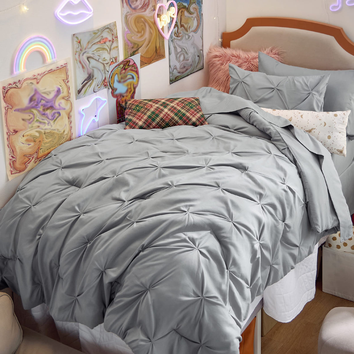 Bedsure Twin Comforter Set With Sheets - 5 Pieces Bedding Sets, Pinch Pleat Grey Bed In A Bag With Comforter, Pillowcase & Sham
