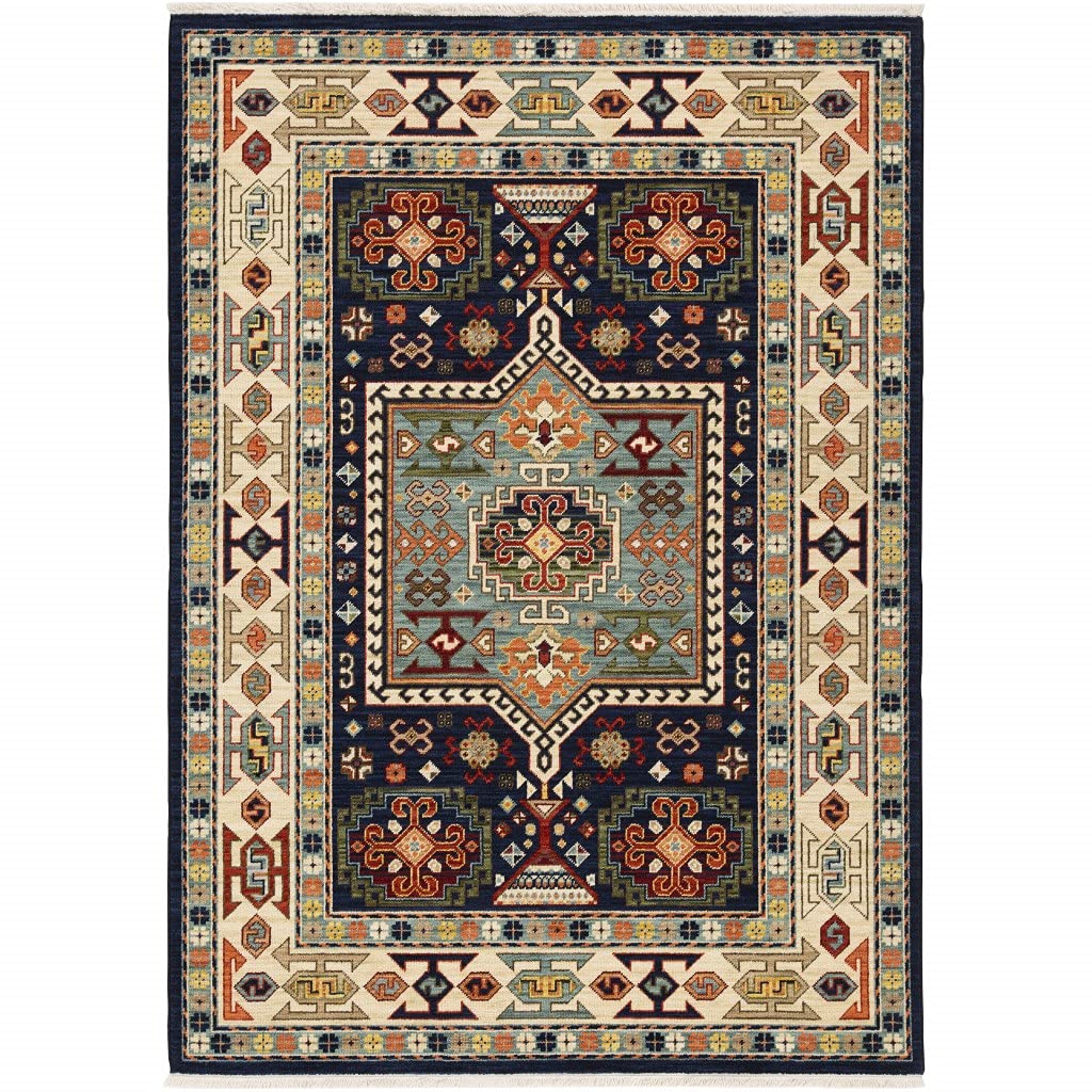 HomeRoots Wool, Nylon 6' x 9' Blue Ivory Machine Woven Medallion Indoor Area Rug