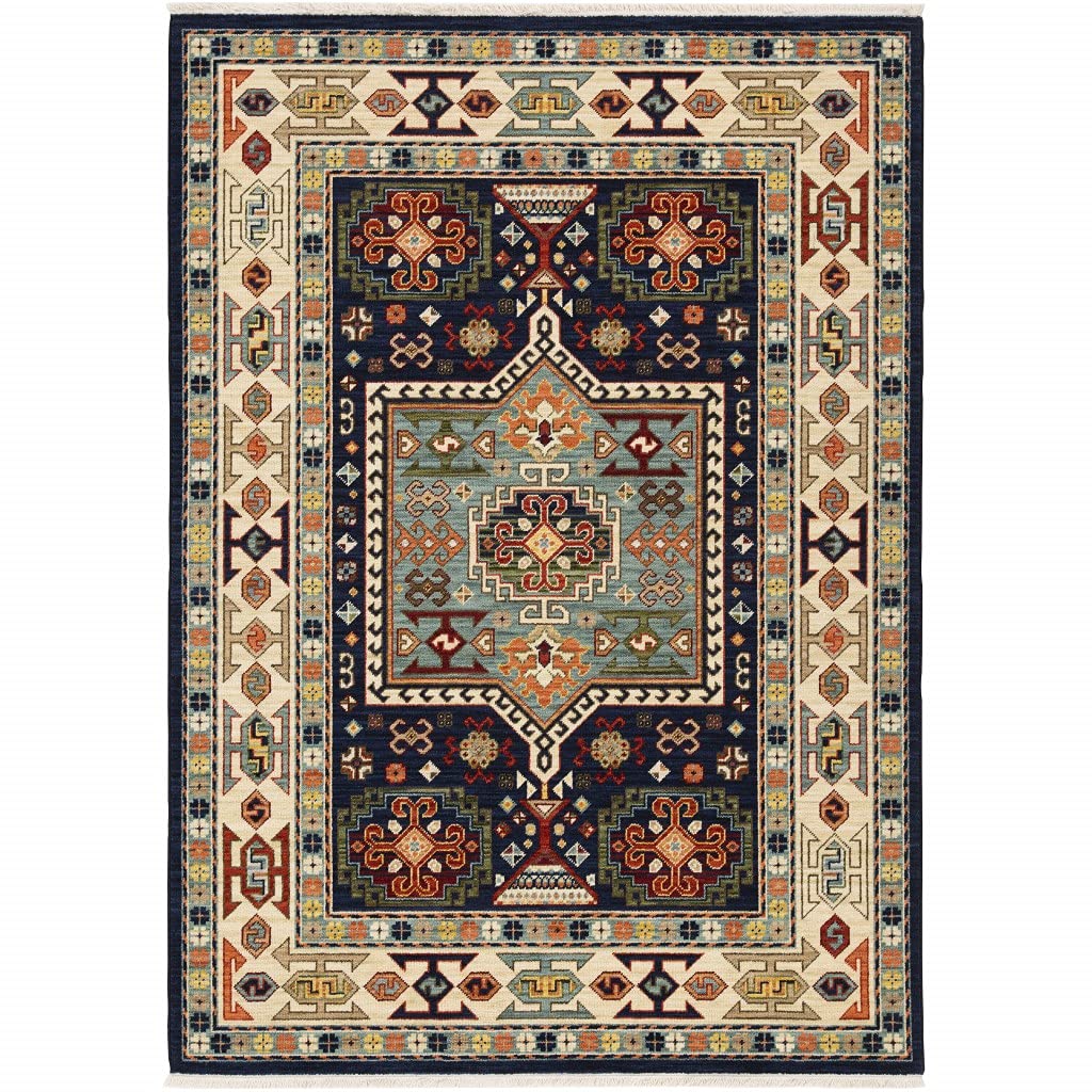 HomeRoots Wool 9' x 12' Blue Ivory Machine Woven Medallion Indoor Area Rug