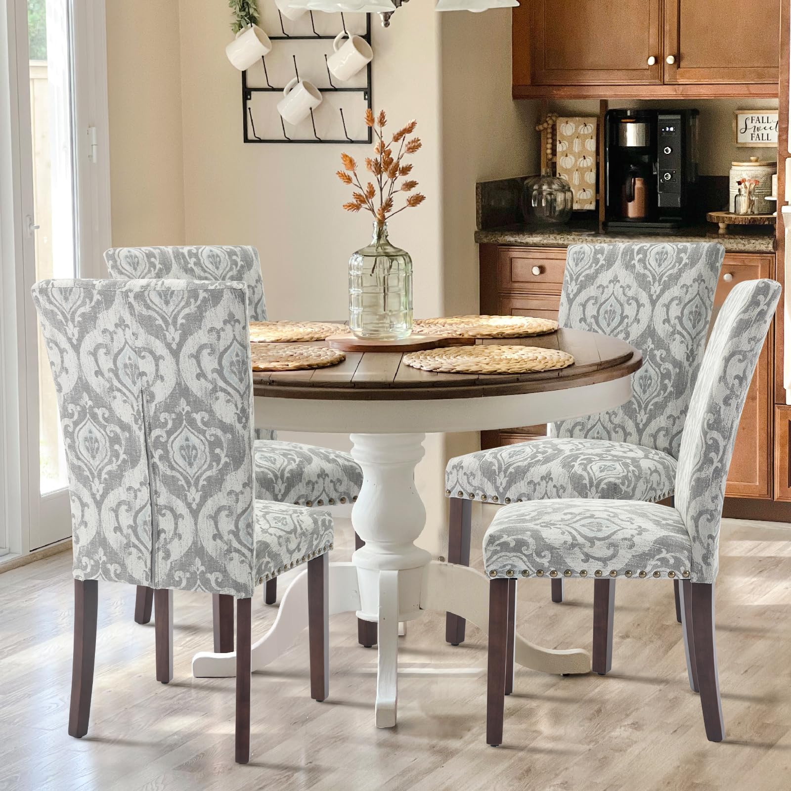 COLAMY Upholstered Parsons Dining Chairs Set of 4, Fabric Dining Room Kitchen Side Chair with Nailhead Trim and Wood Legs - Grey