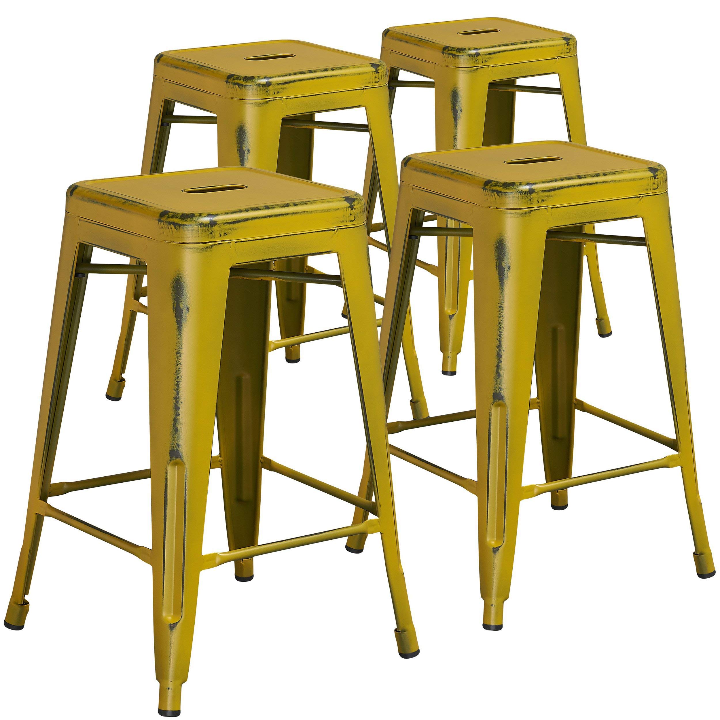 4 Pk. 24 High Backless Distressed Orange Metal Indoor Counter Height Stool