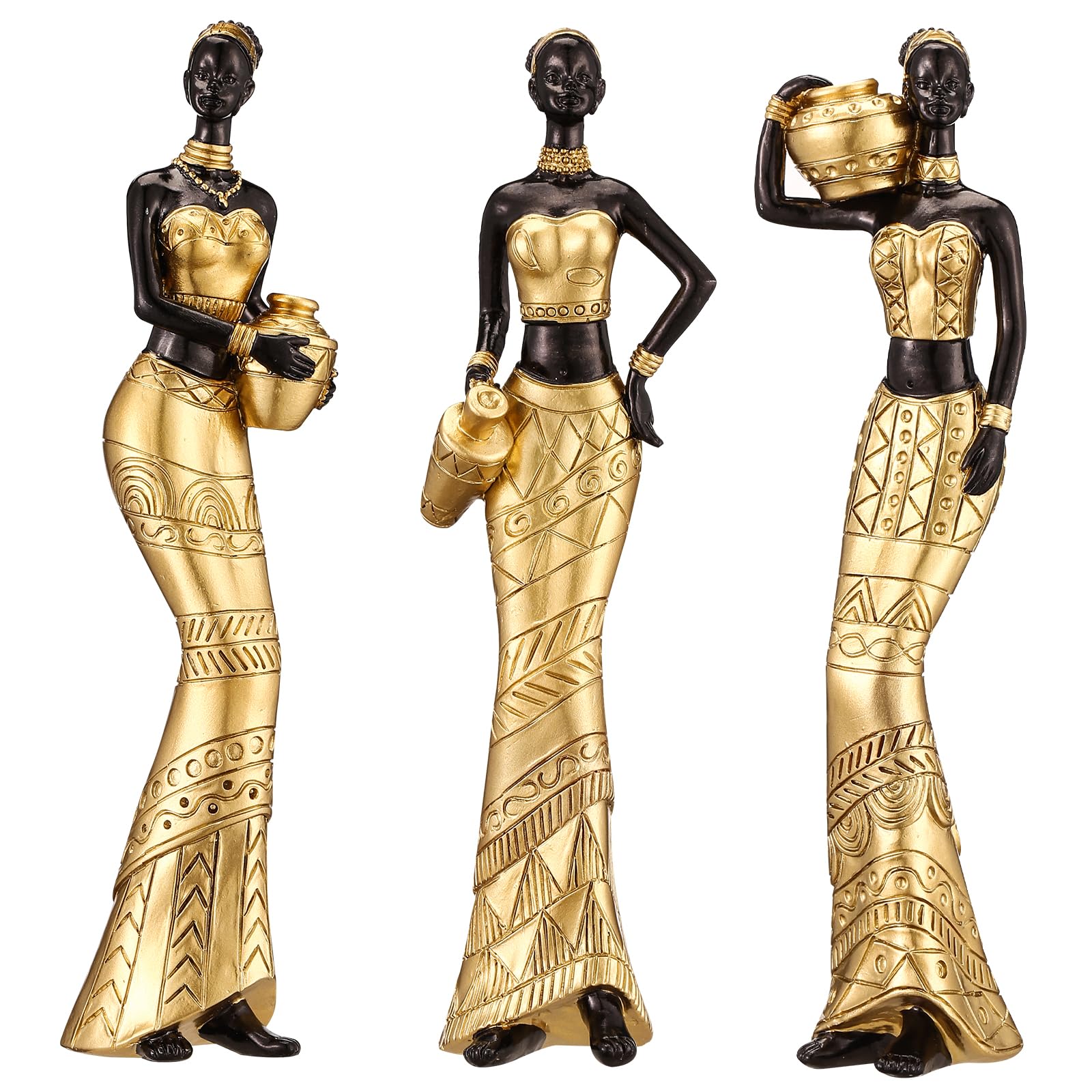3 Pack African Art Sculptures- Vintage African Statues For Home Decor- Womens Tribal African American Figurines- Bookshelf, Off