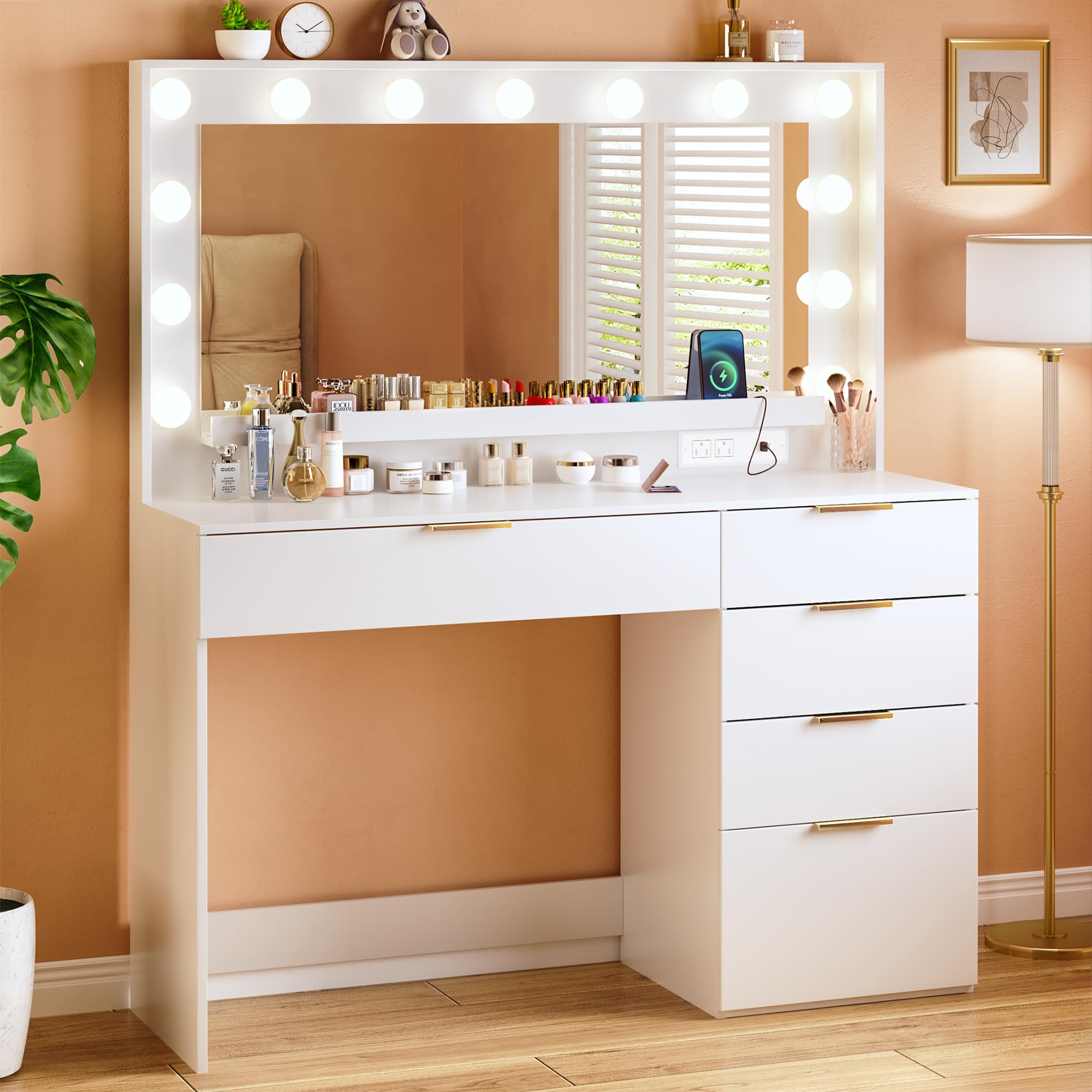 ALEXNUTRE Vanity Desk with Mirror and Lights, Makeup Vanity with Large Mirror & 13 Lights, White Vanity with 5 Drawers, 3 Lighti