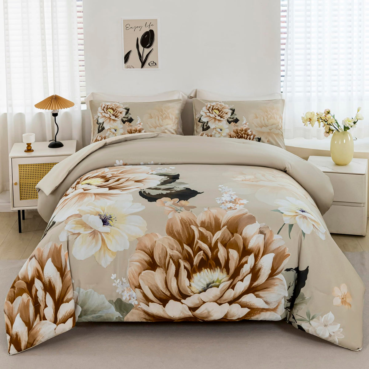 Rynghipy Floral Comforter Set Full Size Taupe Bedding Comforter Sets Lightweight Fluffy Botanical Flowers Comforter And 2 Pillow