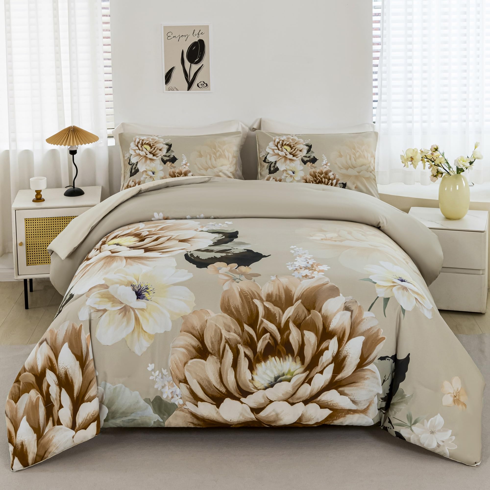 Rynghipy Floral Comforter Set Queen Size Taupe Bedding Comforter Sets Lightweight Fluffy Botanical Flowers Comforter And 2 Pillo