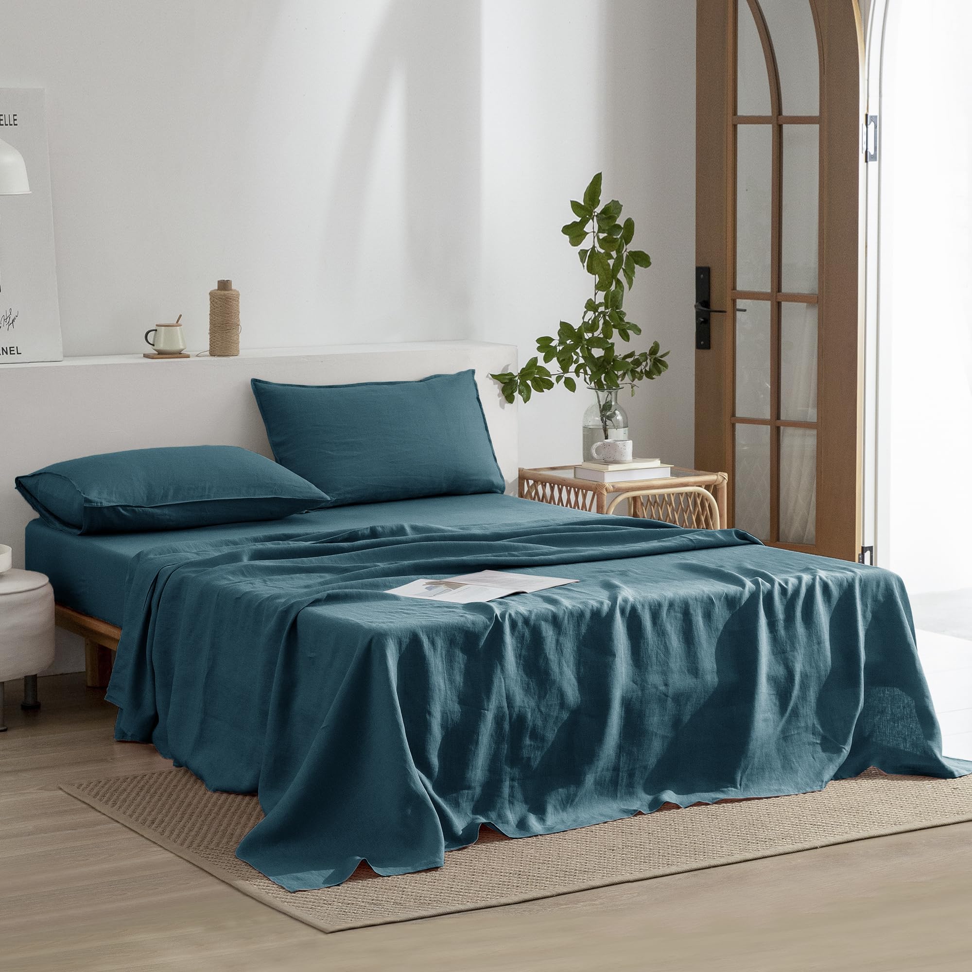 Everly Linen California King Sheets Set, 100% Stonewashed French Linen Bed Sheets Deep Pocket Sheets, 4 Pieces (1 Flat Sheet, 1